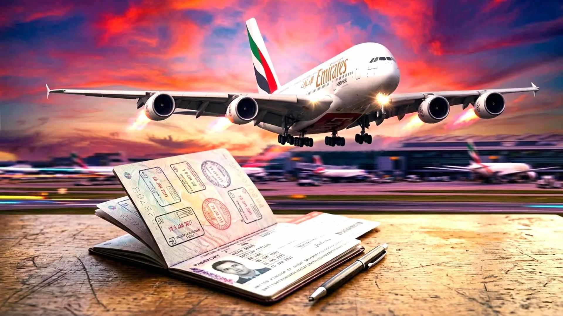 An Emirates A380 taking off with a UK passport in the foreground