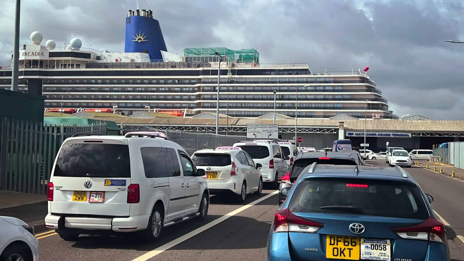 A queue of taxis waiting for passengers to disembark from a cruise ship in Southampton