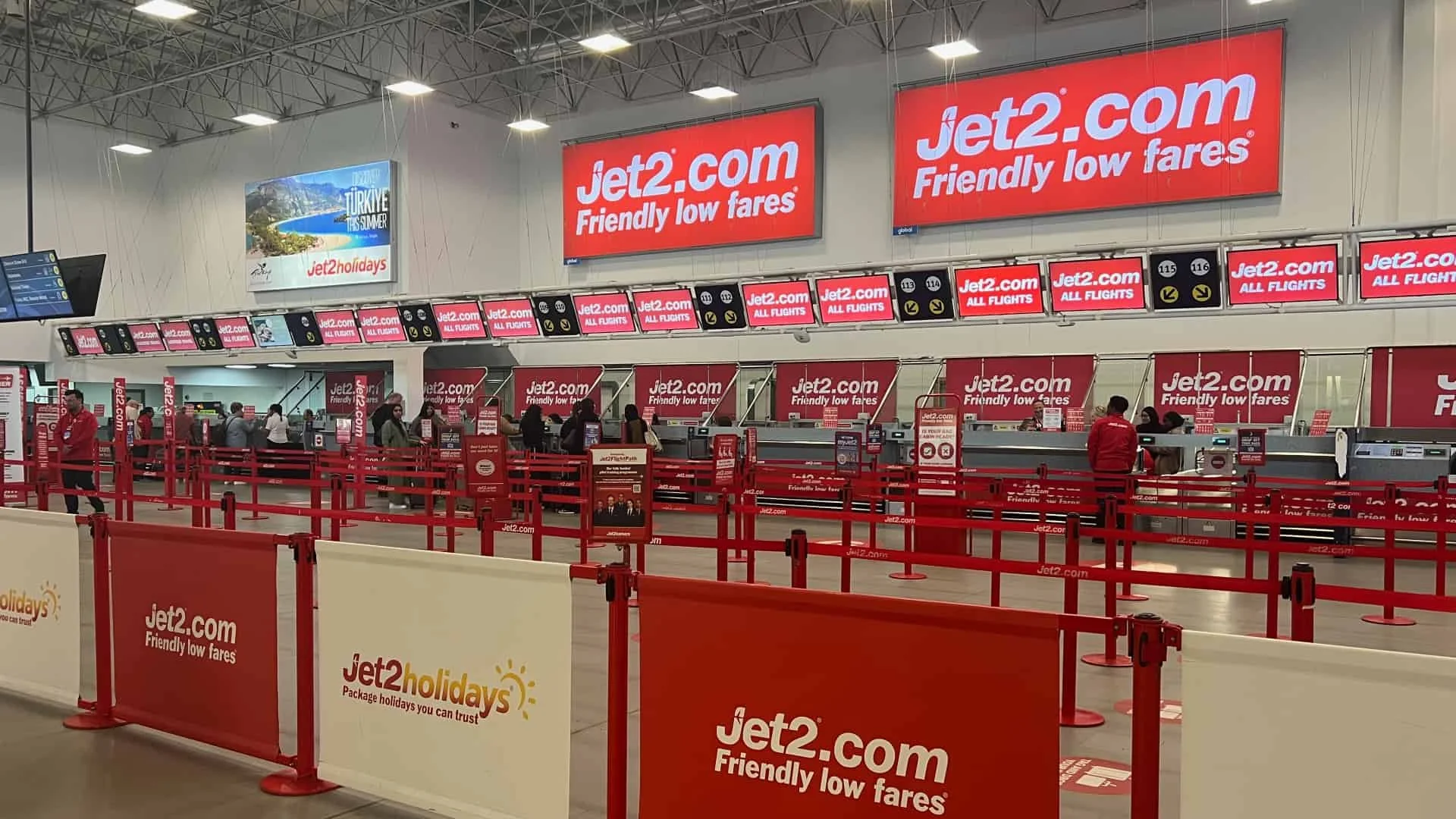 Jet2 check-in desks inside Birmingham Airport terminal