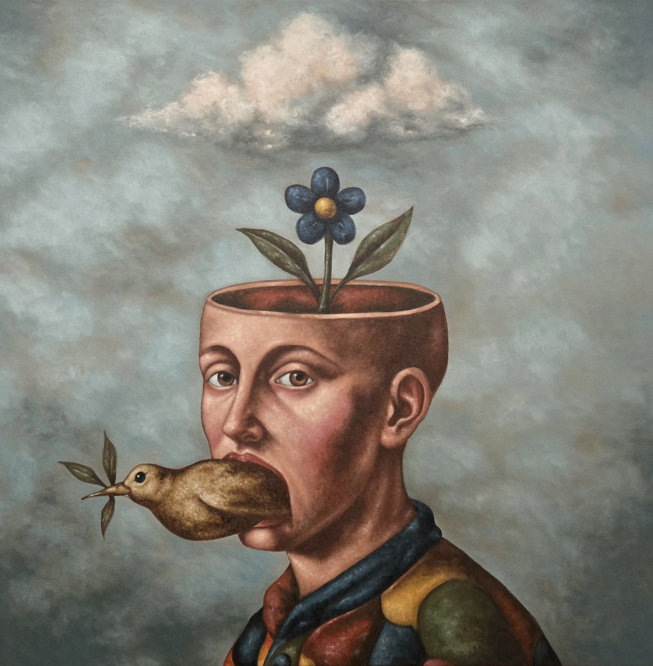 A surreal painting of a woman with human facial features wearing a frog-shaped hat with big eyes, set against a colorful checkered background.
