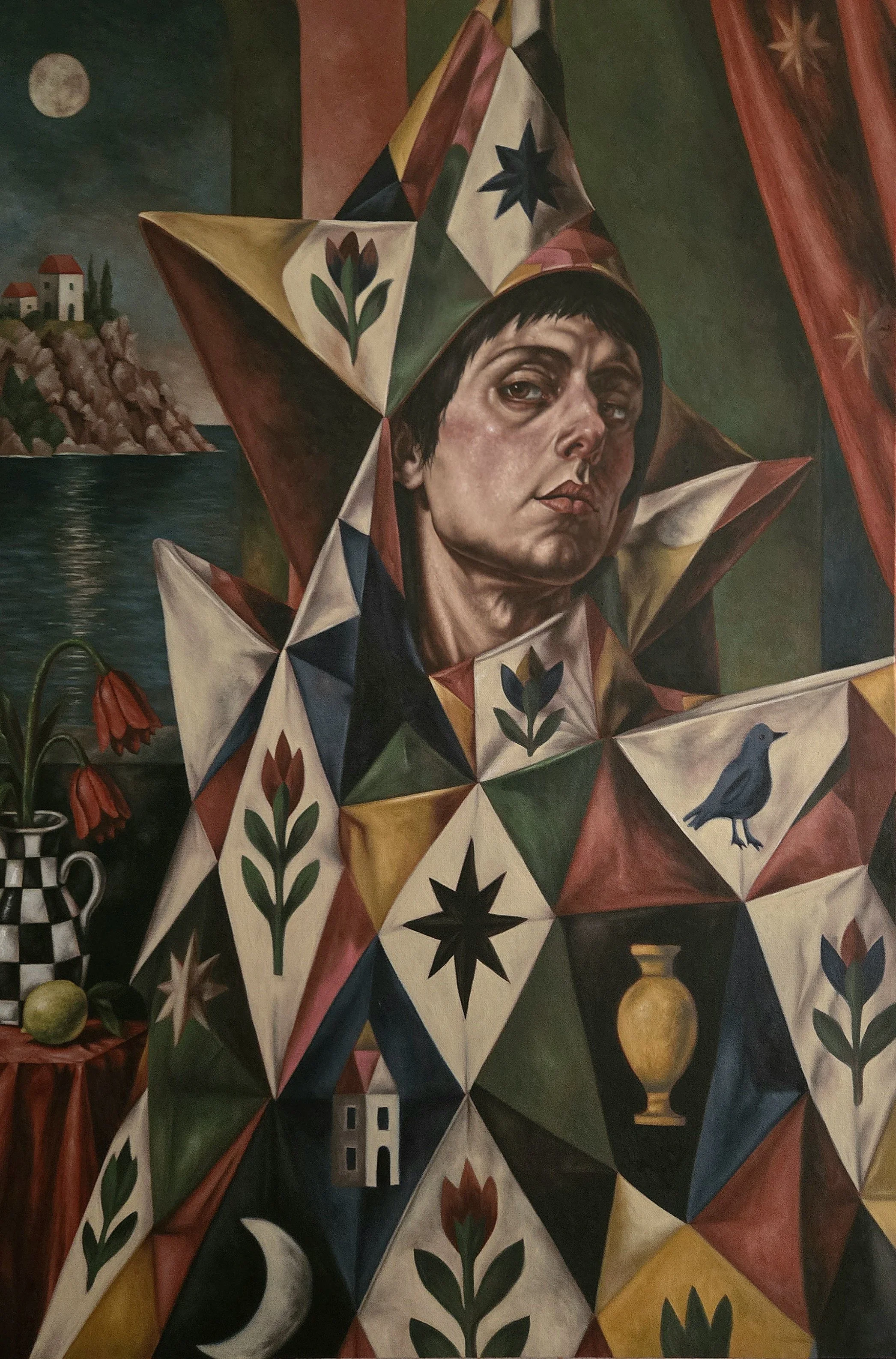 A surreal painting of a woman with human facial features wearing a frog-shaped hat with big eyes, set against a colorful checkered background.