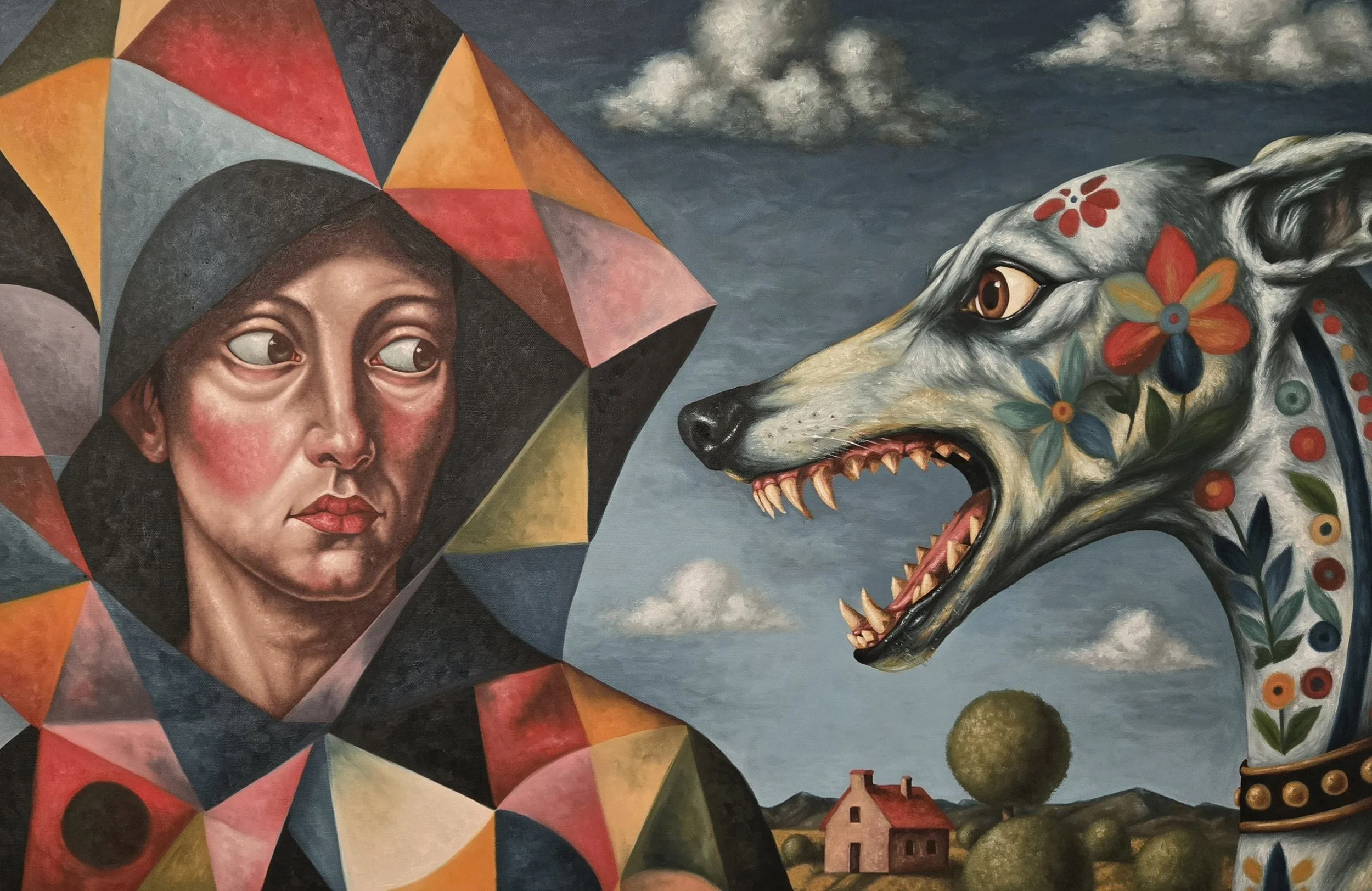A painting of a person holding a long fork with their left hand, with their torso covered in colorful balloons or circular shapes against a green background.