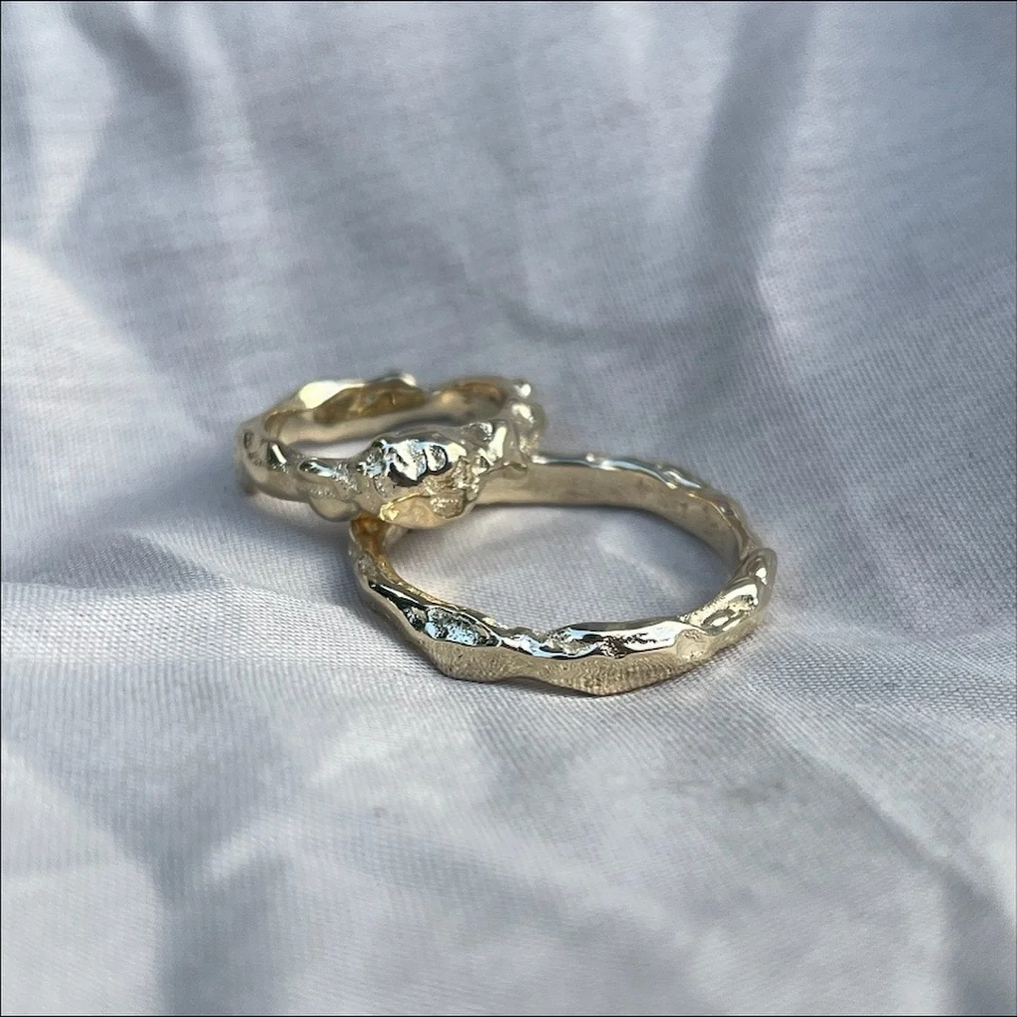 A small weekend special order of two romantic rings.
Just look at the incredible play of textures in these pieces &mdash; perfectly polished surfaces, yet the rustic texture gives them so much life.
Once again, old gold has been remelted&mdash; trans
