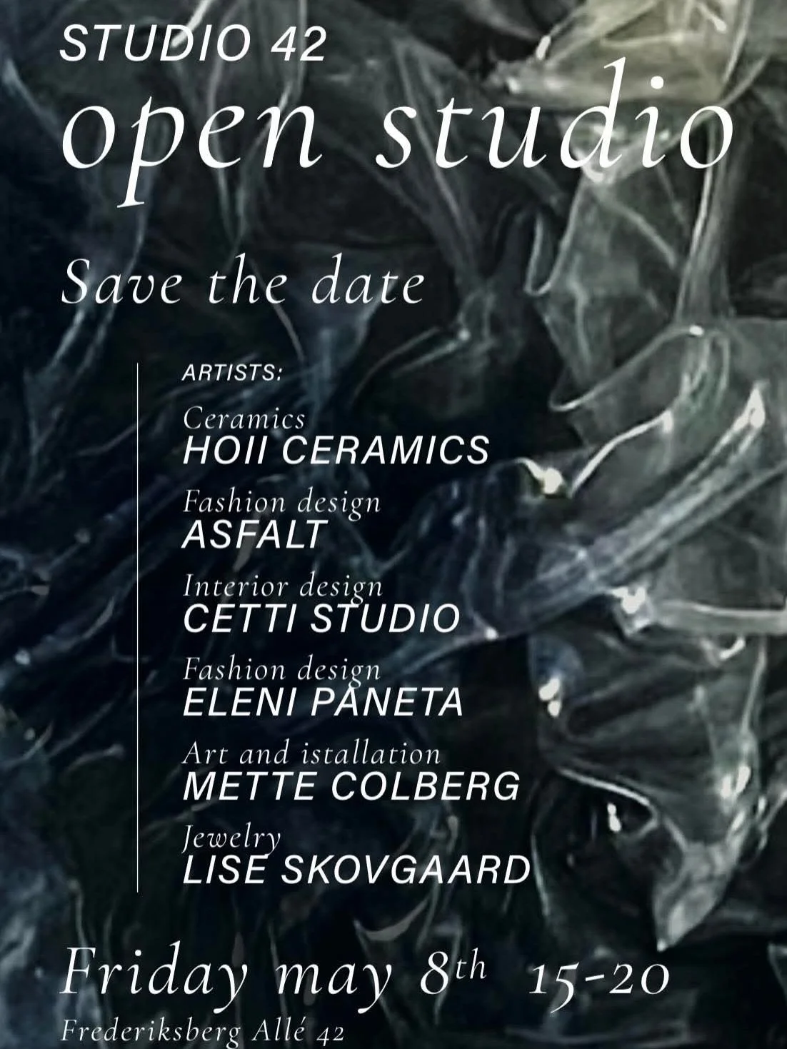 STUDIO 42 &mdash; OPEN STUDIO ✨

Save the date: Fredag d. 8. maj kl. 15&ndash;20 
Frederiksberg All&eacute; 42

Vi &aring;bner d&oslash;rene til Studio 42 og inviterer indenfor til en eftermiddag med kunst, design og h&aring;ndv&aelig;rk p&aring; tv&