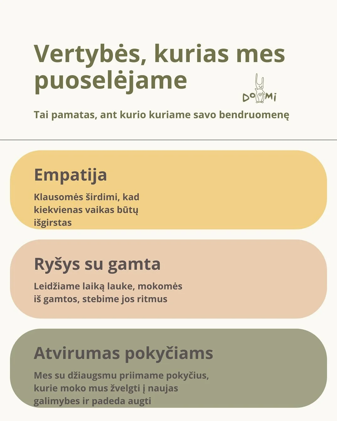 Mūsų vertybės 🌻 Tai tvirtas pamatas, ant kurio kuriame ne tik mūsų darželio bendruomenę, bet ir kiekvieno vaiko ateitį.
Čia puoselėjame ry&scaron;į su gamta, kuriame saugią, jaukią ir empati&scaron;ką aplinką.
Esame atviri pokyčiams, dirbame profesi