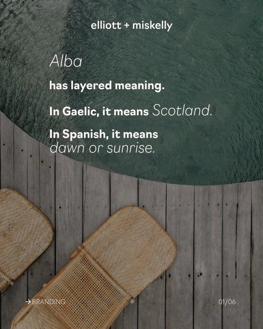 Every detail in the Villa Alba mark was intentional.
Alba means Scotland in Gaelic, and dawn or sunrise in Spanish. With personal connections to both places, it made sense to build the brand from meaning rather than defaulting to a literal villa symb