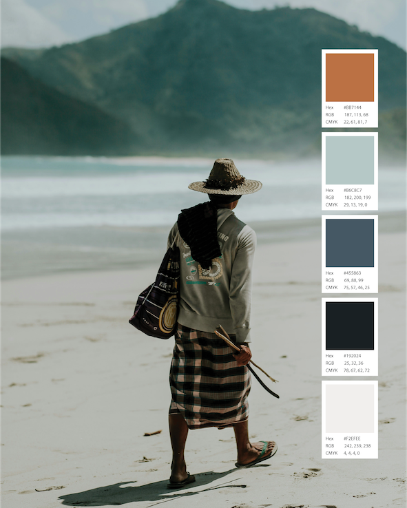 A person walking on a sandy beach with ocean waves and a mountain in the background, wearing a straw hat, a grey jacket, plaid skirt, and carrying a bag.
