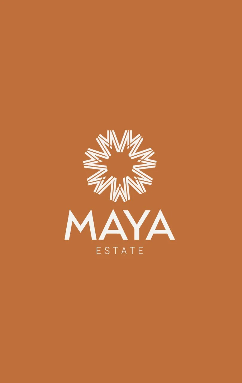 Logo with a circular geometric design above the words 'MAYA ESTATE' on a brown background.