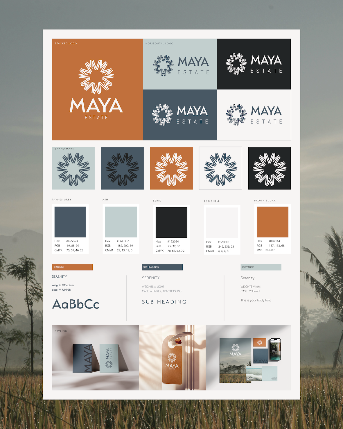 Branding style guide for 'Maya Estate' featuring logo designs, color palette, typography, and branding applications.