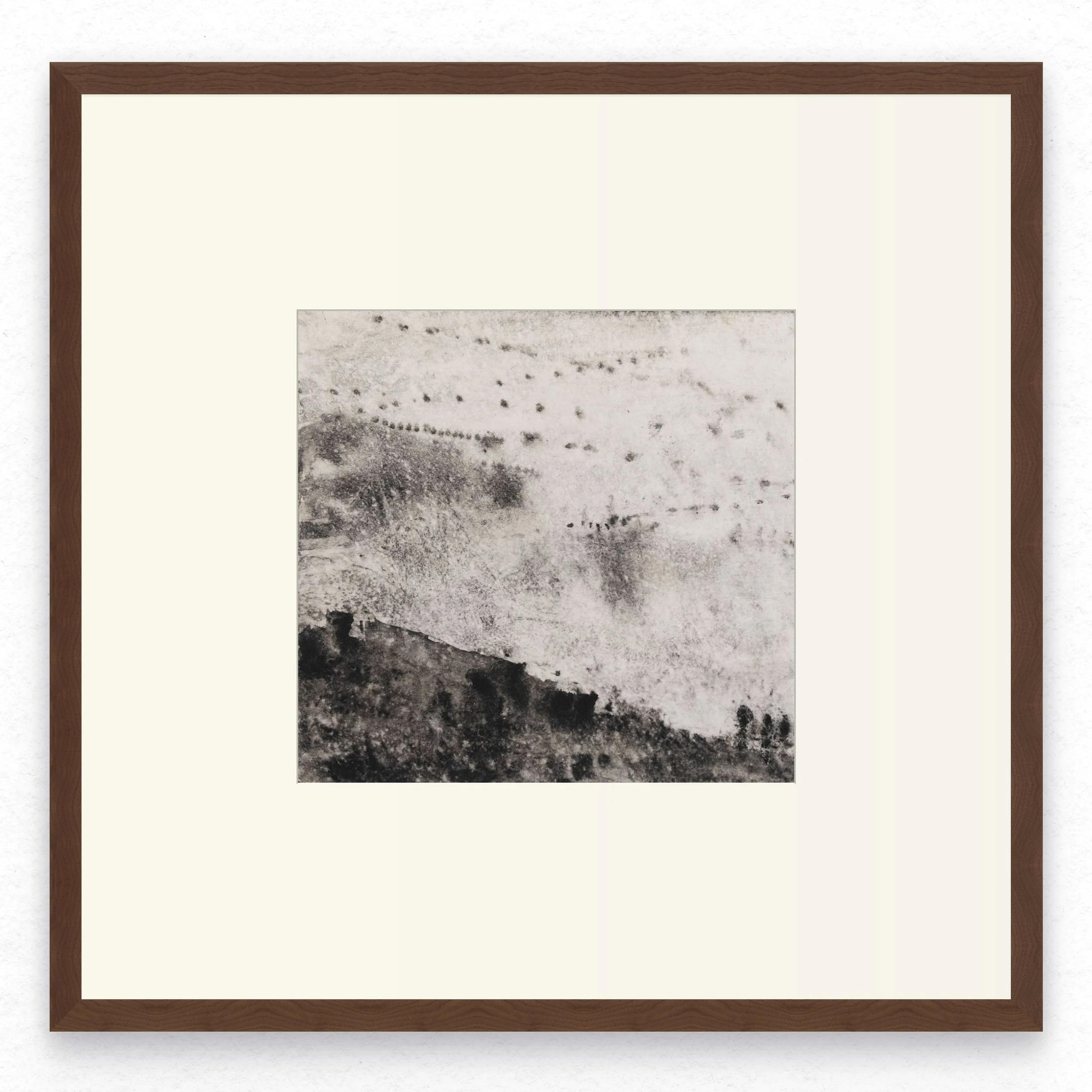 Shore 11 by Nicolas De Jesus — liquid charcoal and water on paper, cormorants flying and landing on rock forms, rendered as scattered dark marks trailing across an open, atmospheric ground, hardwood frame with mount
