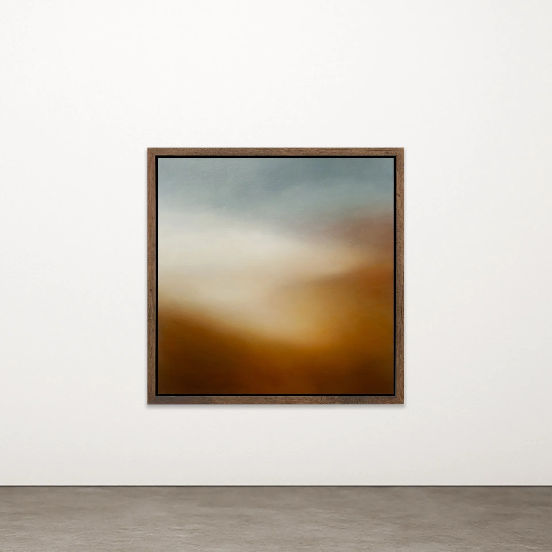 "Cathedral 3 by Nicolas de Jesus — oil on canvas painting in glazed and scumbled layers, a phasing seascape in soft blue-grey sky tones over warm amber and rust ground, framed in hardwood"