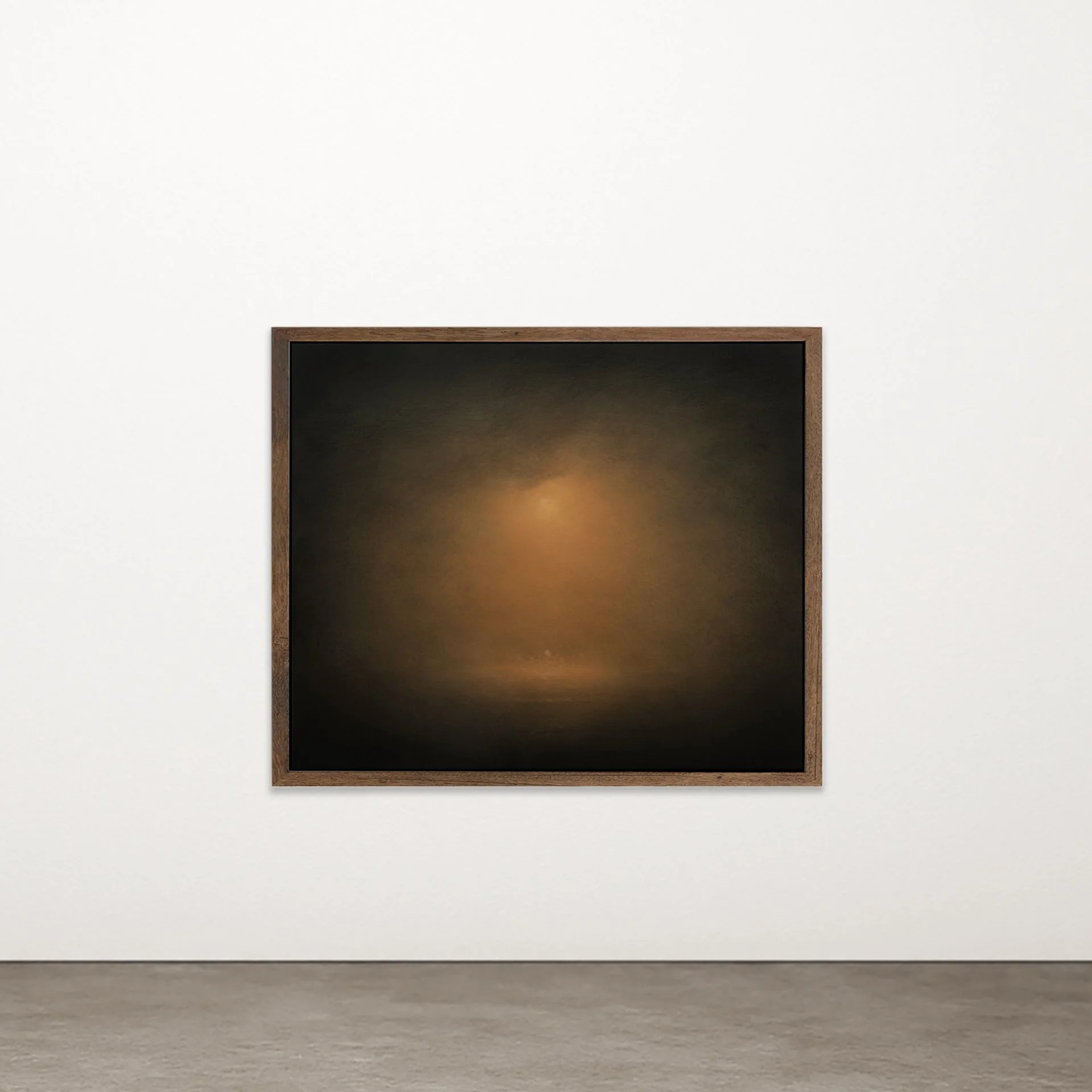 Cathedral 4 by Nicolas de Jesus — oil on linen painting in glazed and scumbled layers, a warm amber glow emerging from dark, smoky black tones, framed in hardwood"