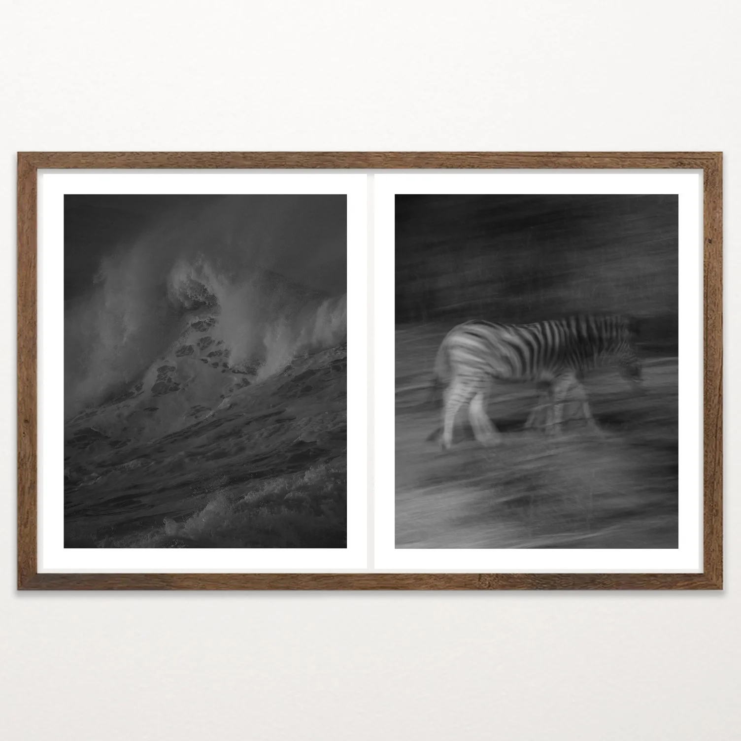 Old Light by Nicolas de Jesus, black and white archival pigment print diptych — a crashing wave paired with a zebra in motion, phasing across the frame