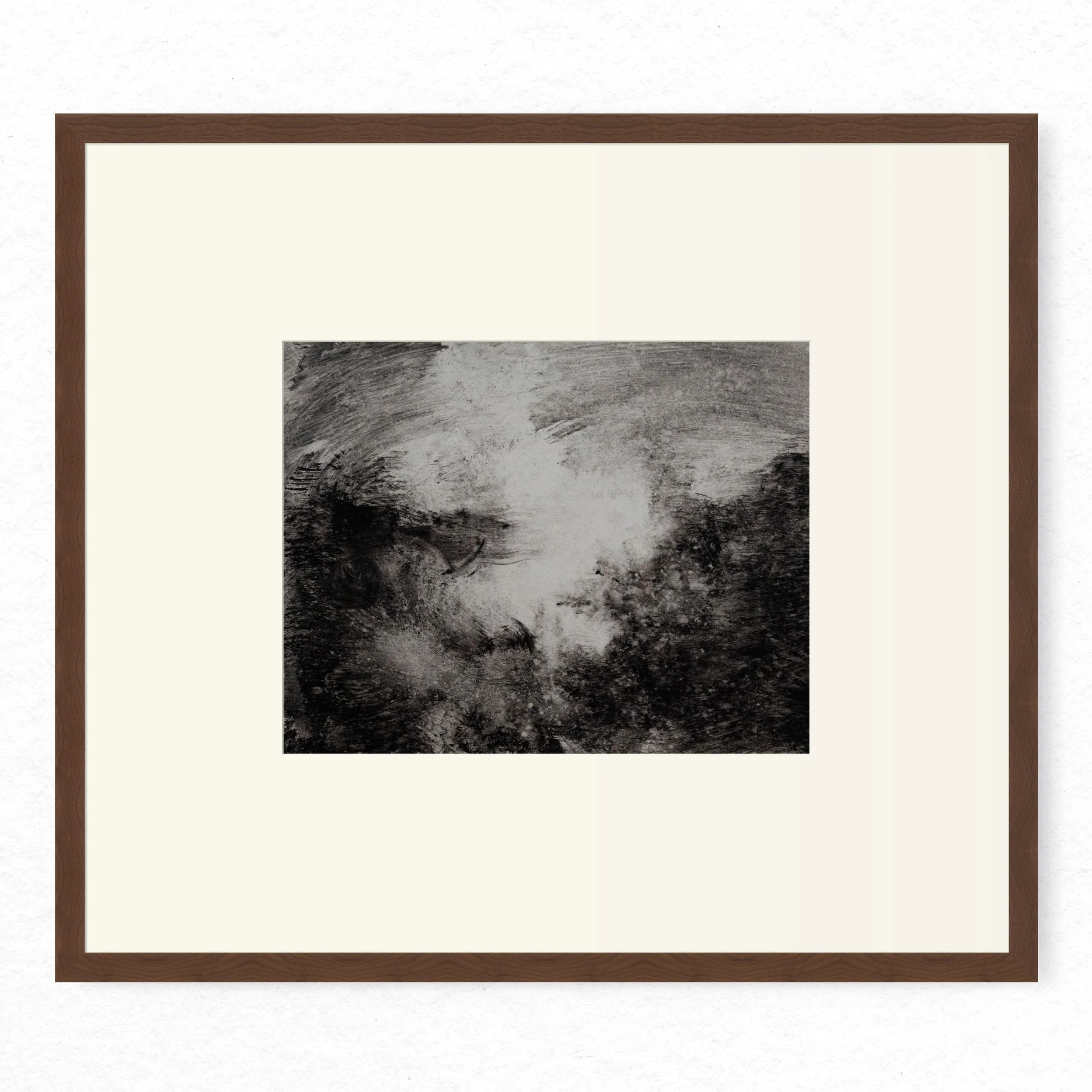 Shore 01 by Nicolas De Jesus — liquid charcoal and water on paper, gestural dark marks and washes suggesting a turbulent shoreline or storm, hardwood frame with mount