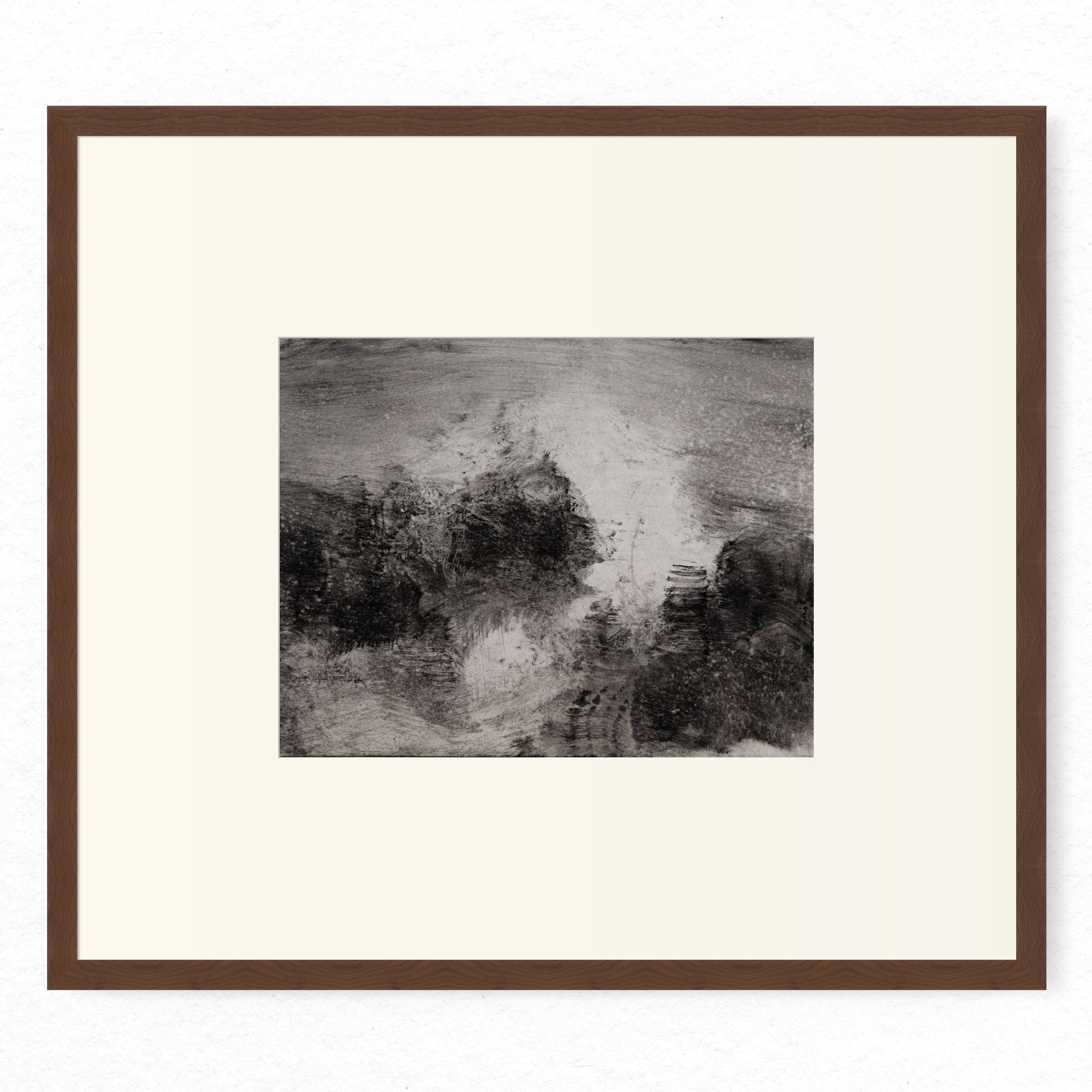 Shore 04 by Nicolas De Jesus — liquid charcoal and water on paper, waves crashing against rocks rendered in gestural dark masses with white spray breaking through, hardwood frame with mount