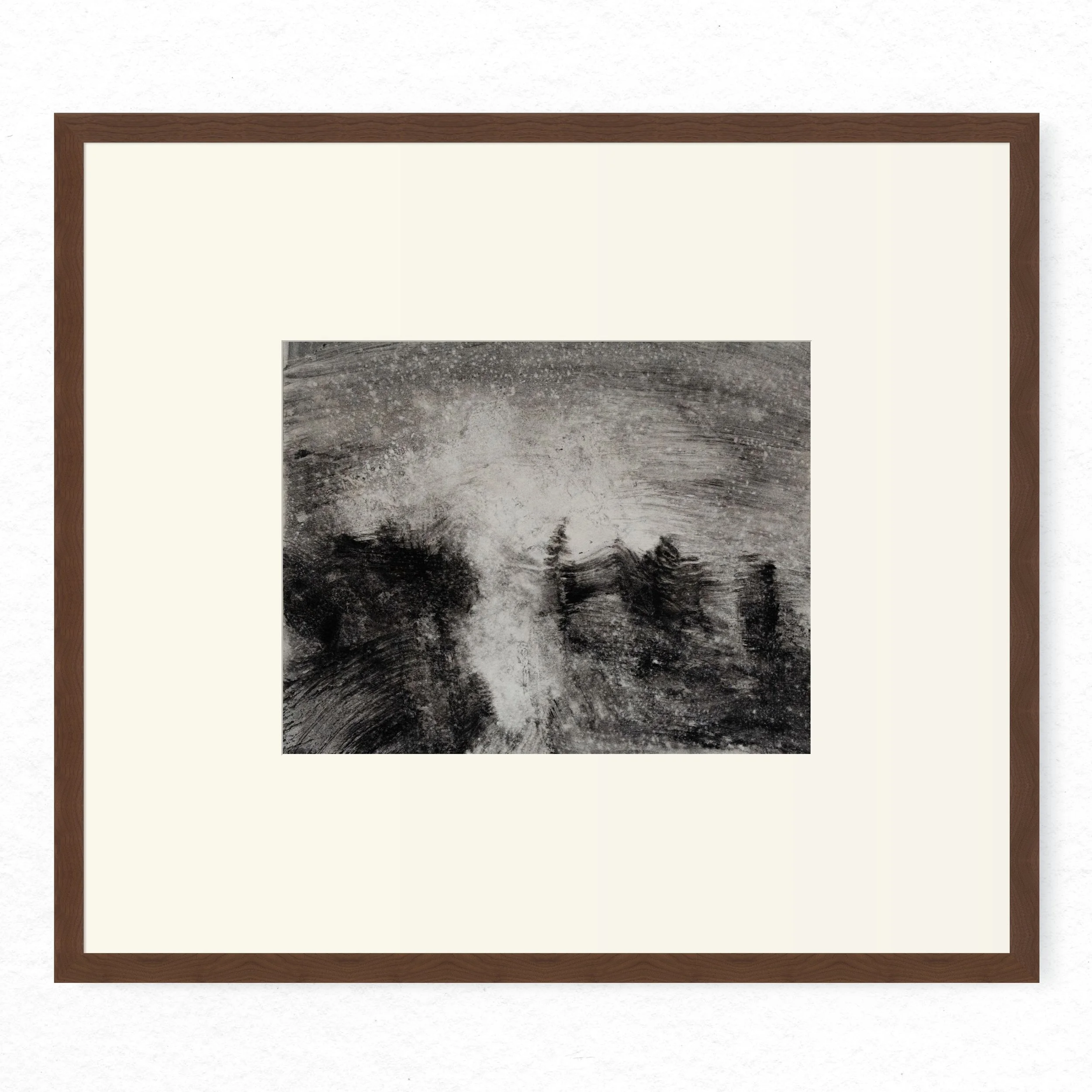 Shore 02 by Nicolas De Jesus, liquid charcoal and water on paper, gestural marks and speckled texture, hardwood frame