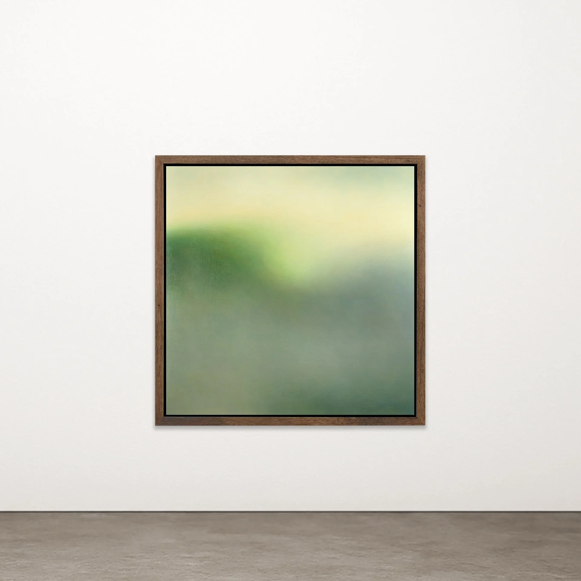 Cathedral 2 by Nicolas de Jesus — oil on canvas painting in glazed and scumbled layers, a phasing seascape in soft green and pale yellow gradients, framed in hardwood