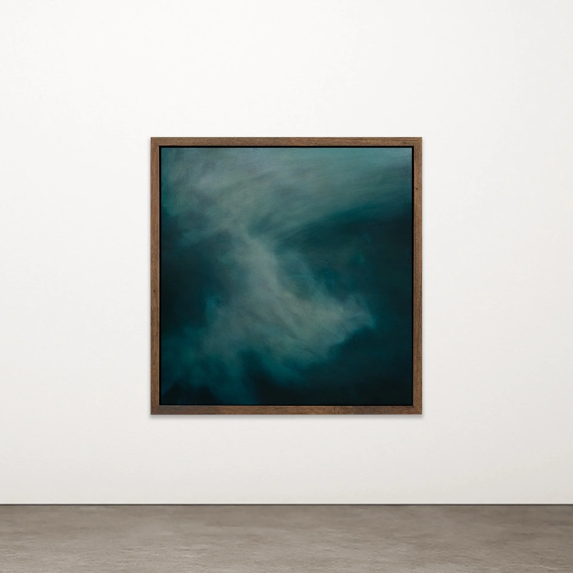 Cathedral 1 by Nicolas de Jesus — oil on canvas painting in glazed and scumbled layers, a phasing seascape in deep teal and dark blue-green tones, framed in hardwood