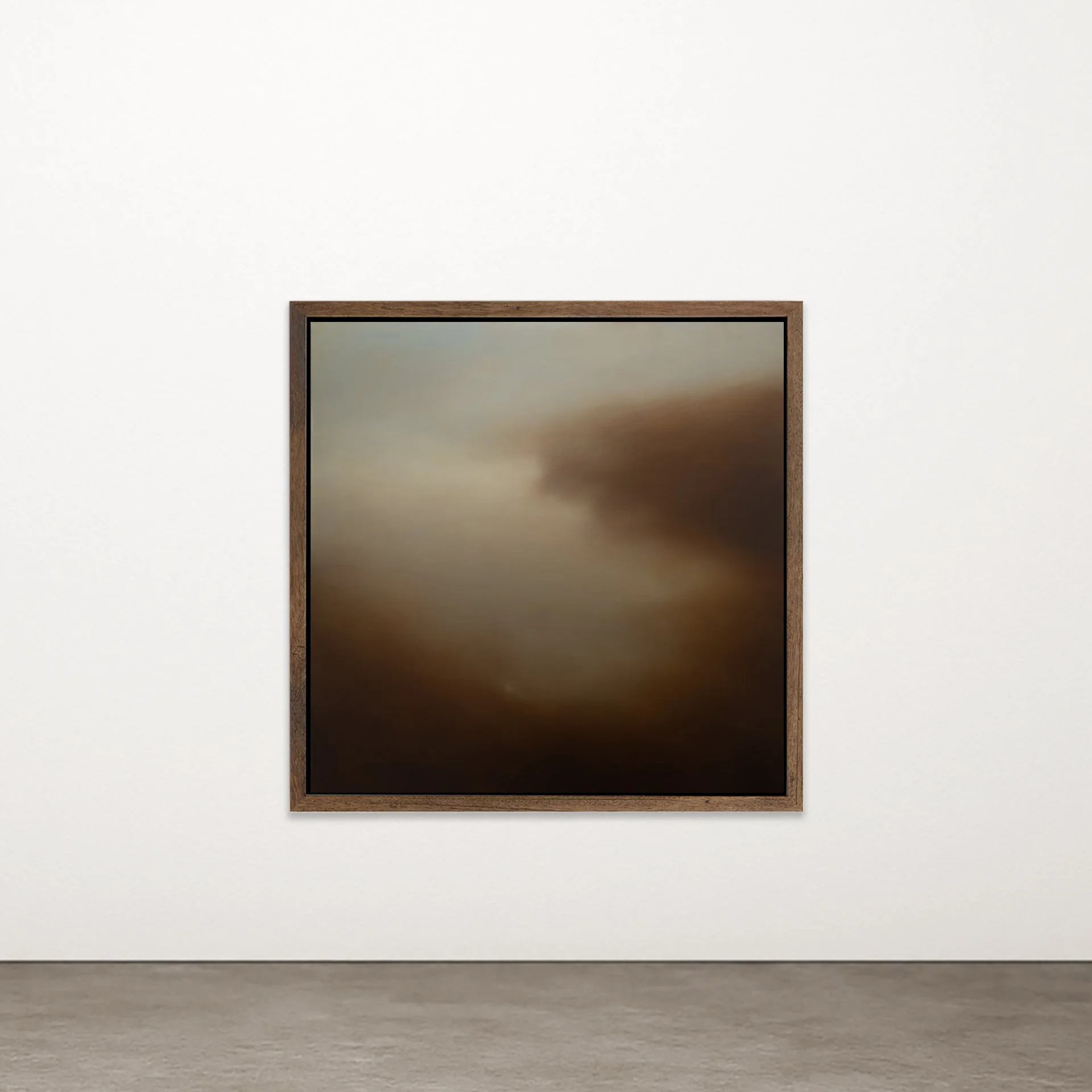 Cathedral 12 by Nicolas de Jesus — oil painting built from thin glazed veils of colour and scumbling, soft brown and grey gradient tones, framed in hardwood