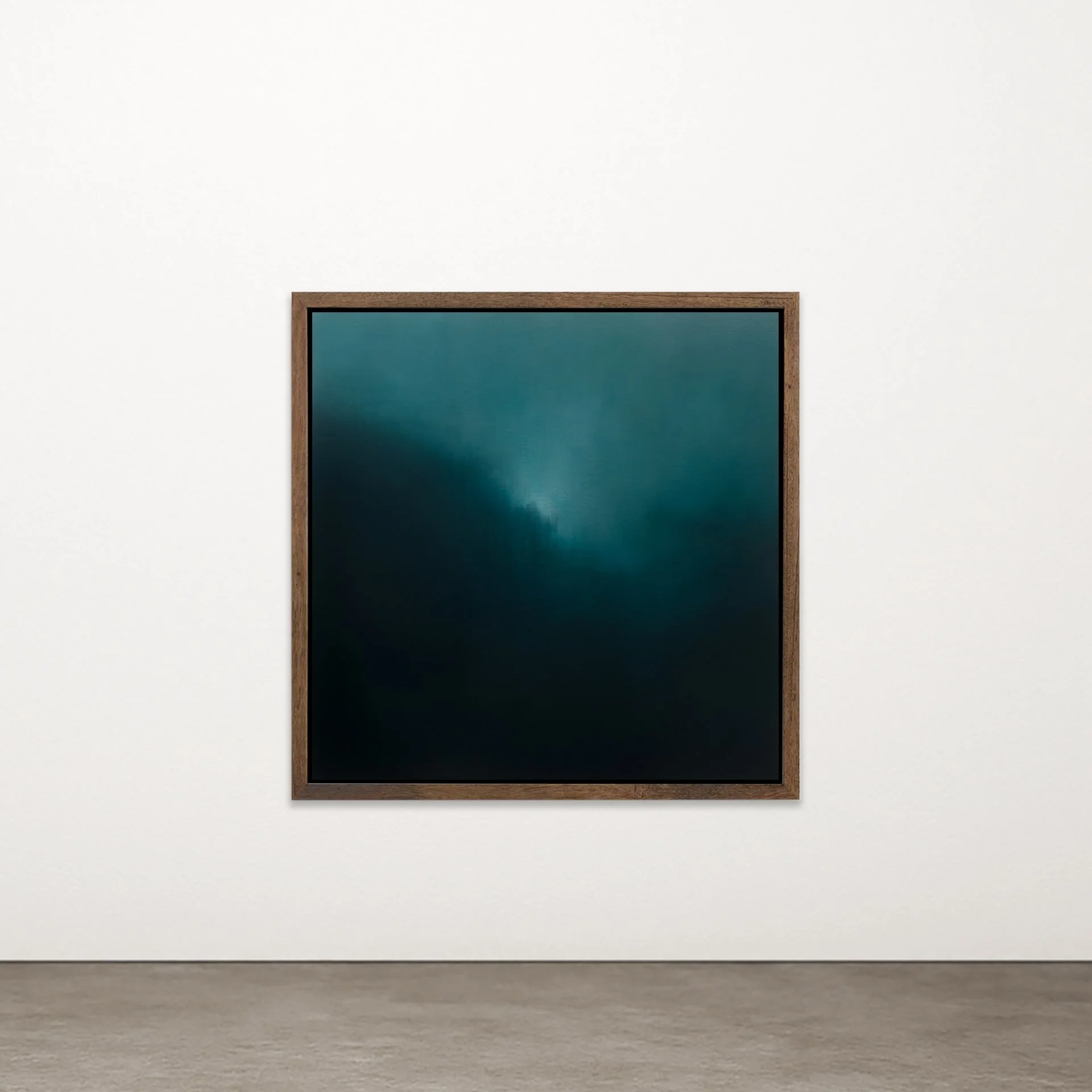 "Cathedral 8 by Nicolas de Jesus — oil on canvas painting in glazed and scumbled layers, a phasing seascape in deep teal dissolving into near-black tones, framed in hardwood"