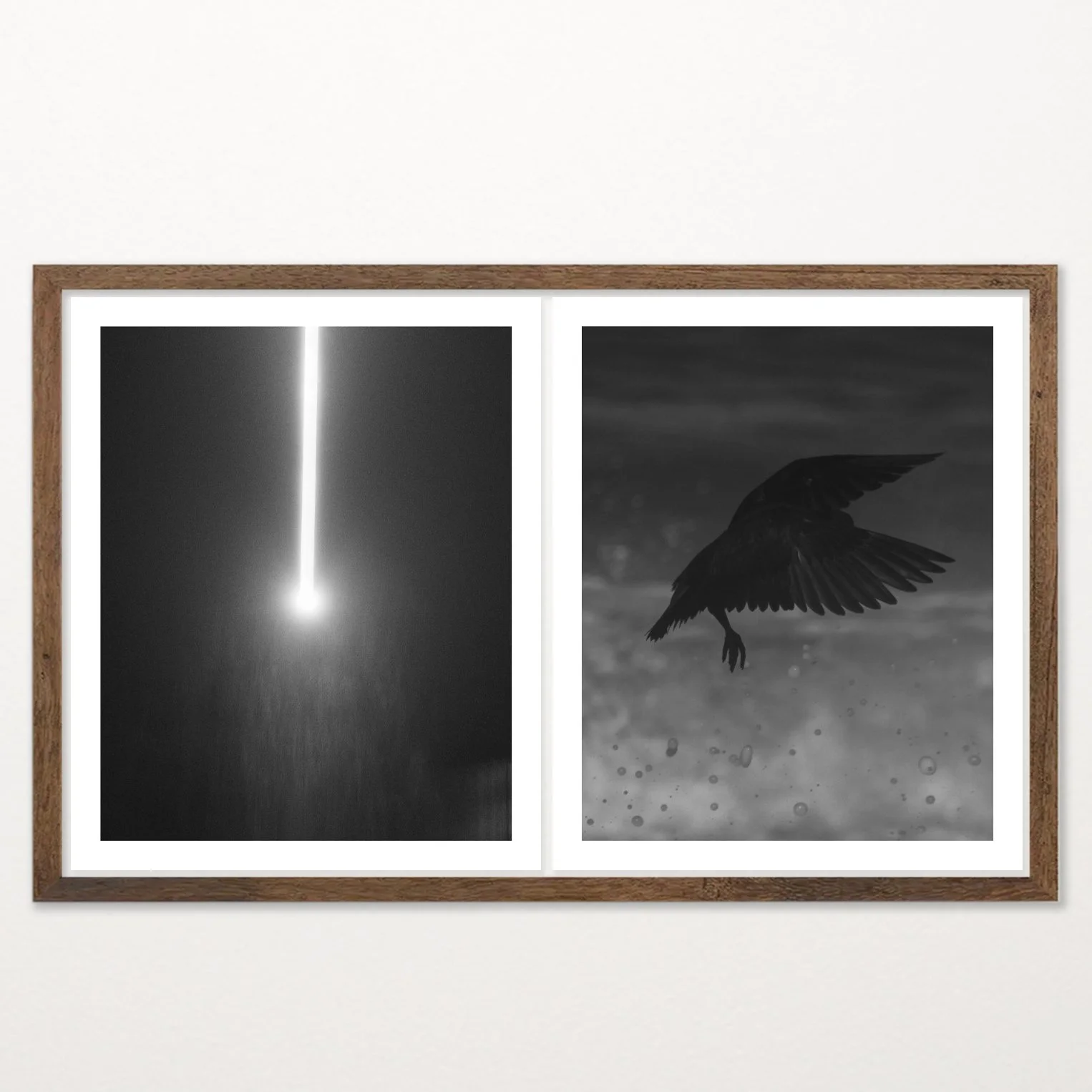 Old Light by Nicolas de Jesus, black and white archival pigment print diptych — a beam of light cutting through darkness paired with a silhouetted bird landing over water