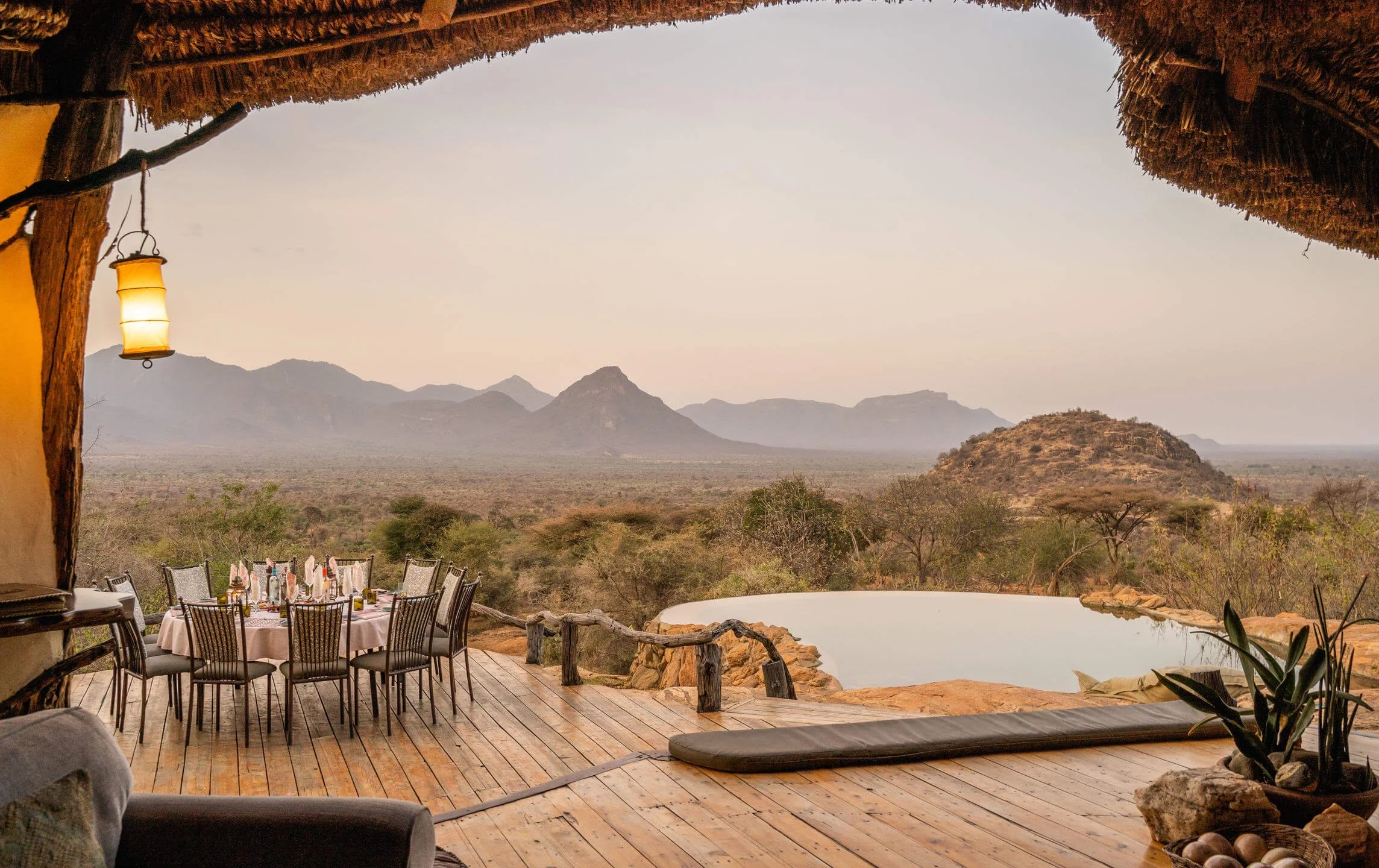 Pool and dining area at Sarara Lodge in Kenya