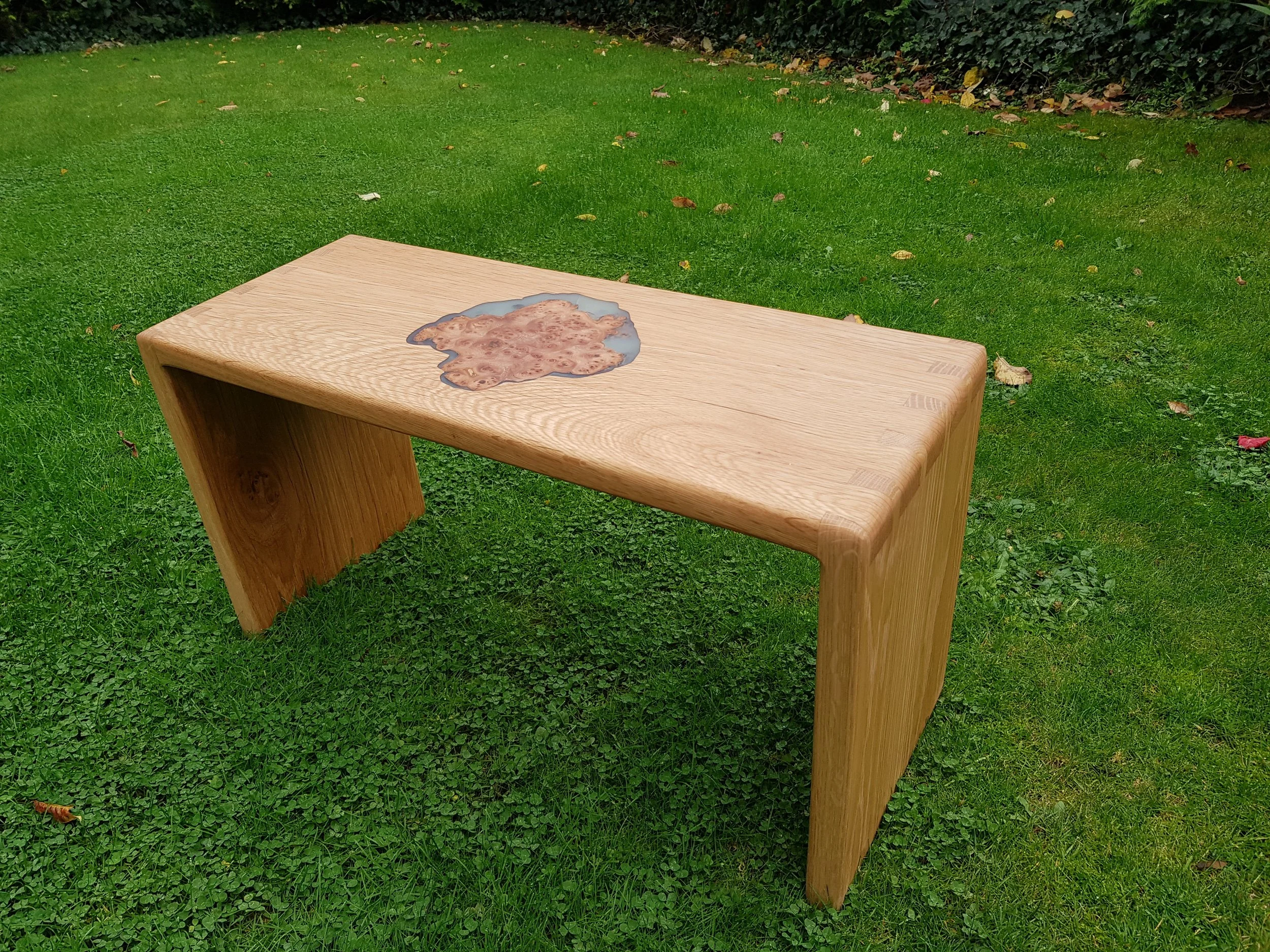 Bench with resin burr inlay