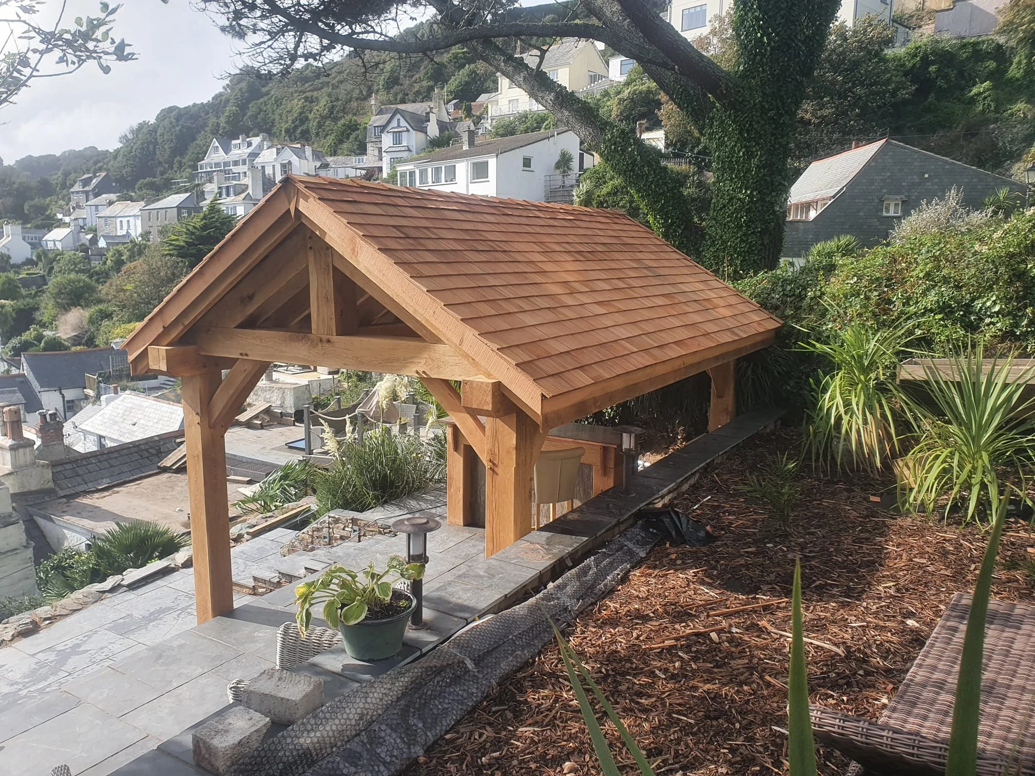 Green oak timber frame Oak bar with handmade copper bar top