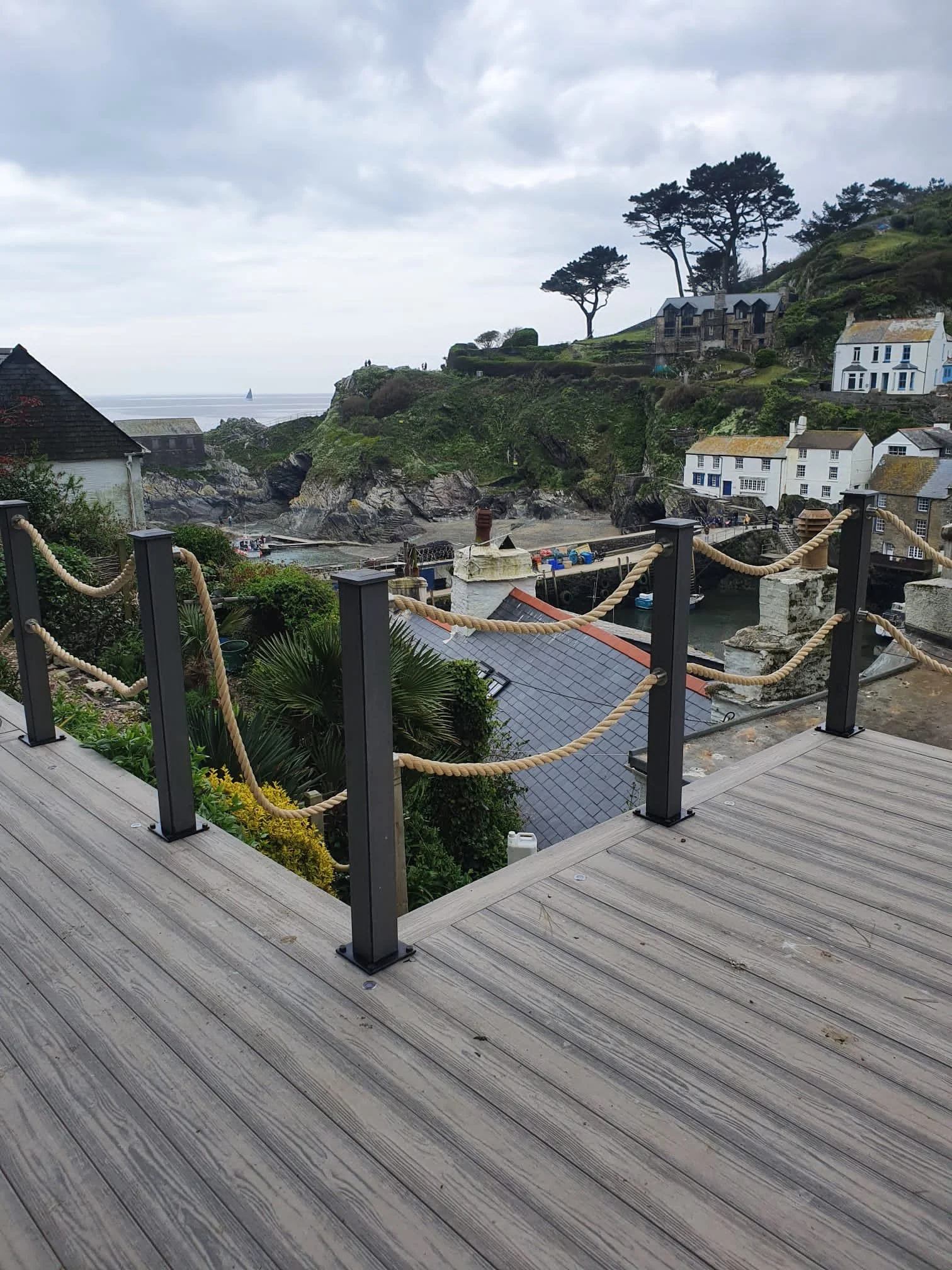 Decking and rope strung wooden posts