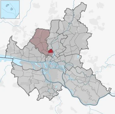 Maler und Lackierer in Hamburg Harvestehude: Malerbetrieb Peter Basil. Das Bild zeigt die Lage Harvestehudes im Bezirk Eimsbüttel der Hansestadt Hamburg.