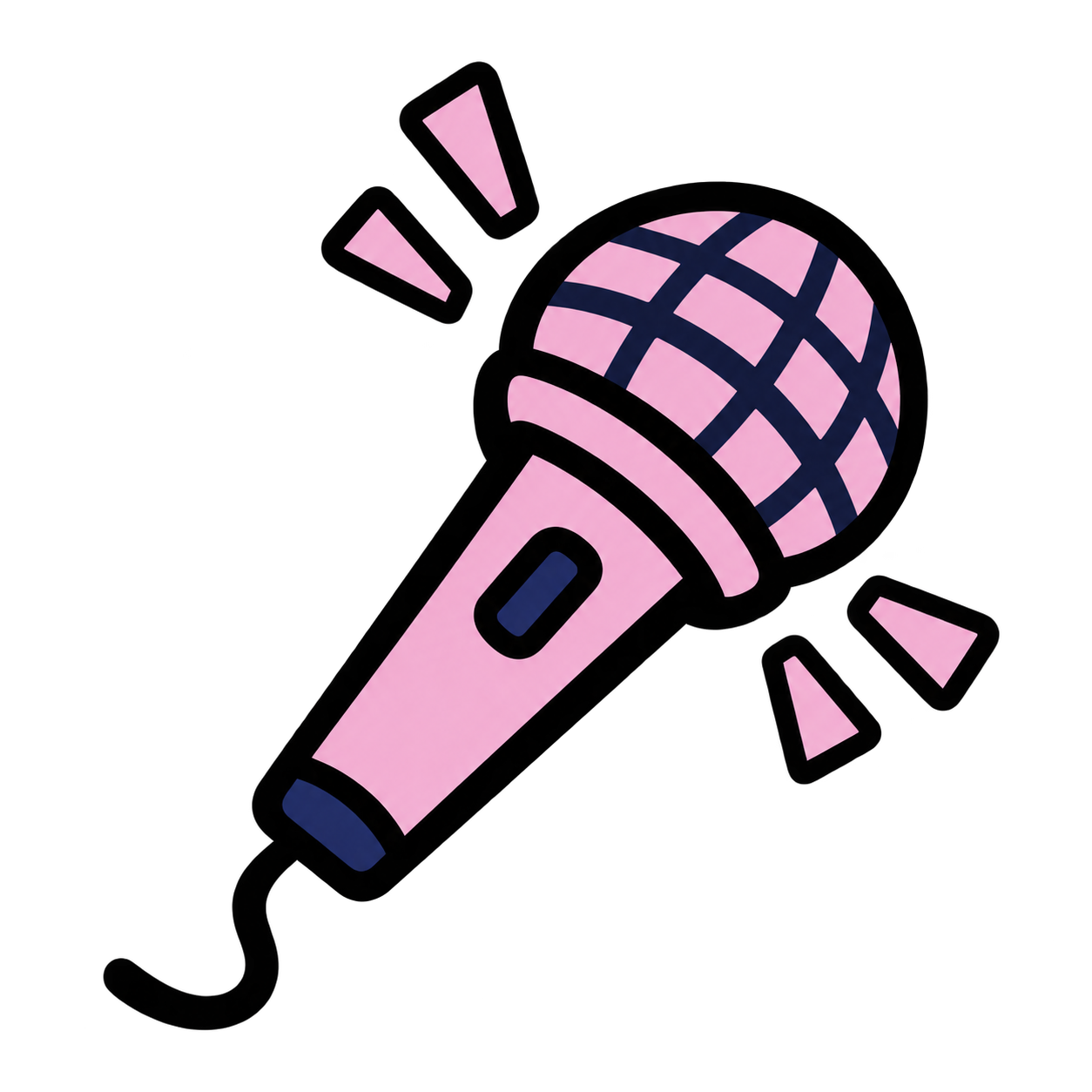 Digital illustration of a pink and blue wireless microphone with sound waves or vibration lines emanating from it, set against a black background.
