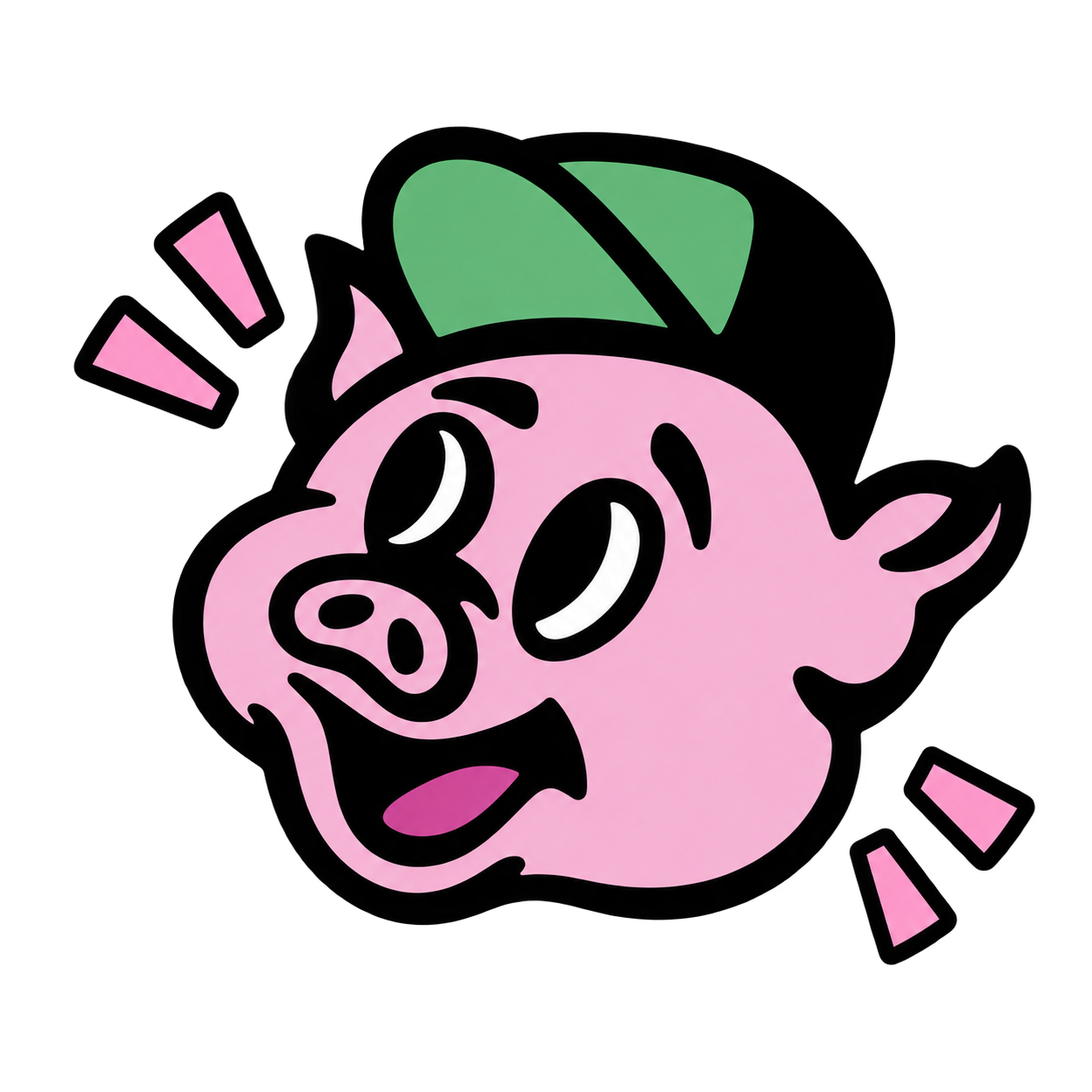 A cartoon pink pig with large eyes and an open mouth, wearing a green hat and surrounded by small pink exclamation marks on a black background.