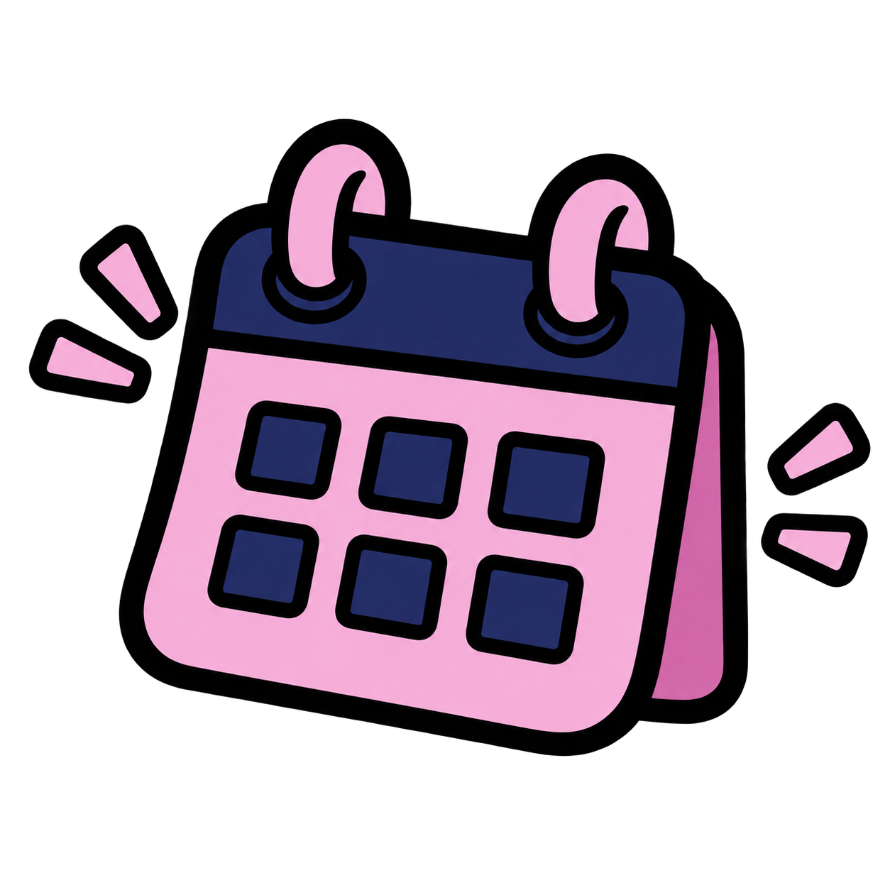 Illustration of a pink and blue calendar with two pink rings at the top, surrounded by pink exclamation marks on a black background.