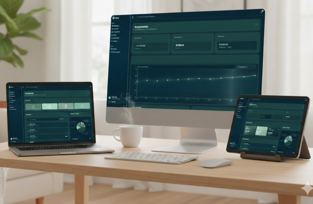 Computer desk setup with a large monitor, a laptop, and a tablet displaying financial data and graphs, with a white coffee mug nearby.