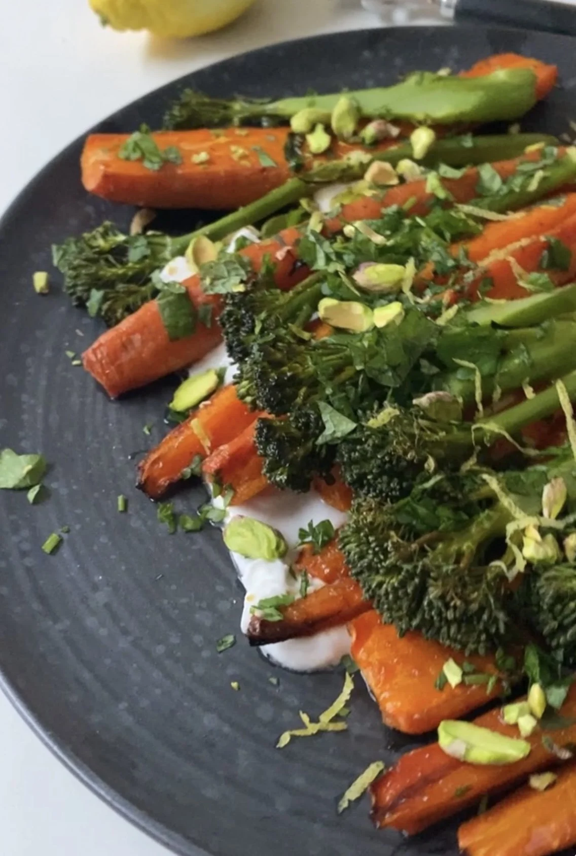 Harissa and honey roasted carrot + broccoli salad