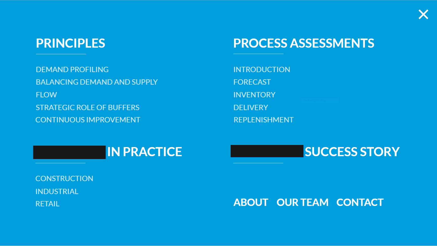 Full screen menu reached from hamburger icon on any screen.