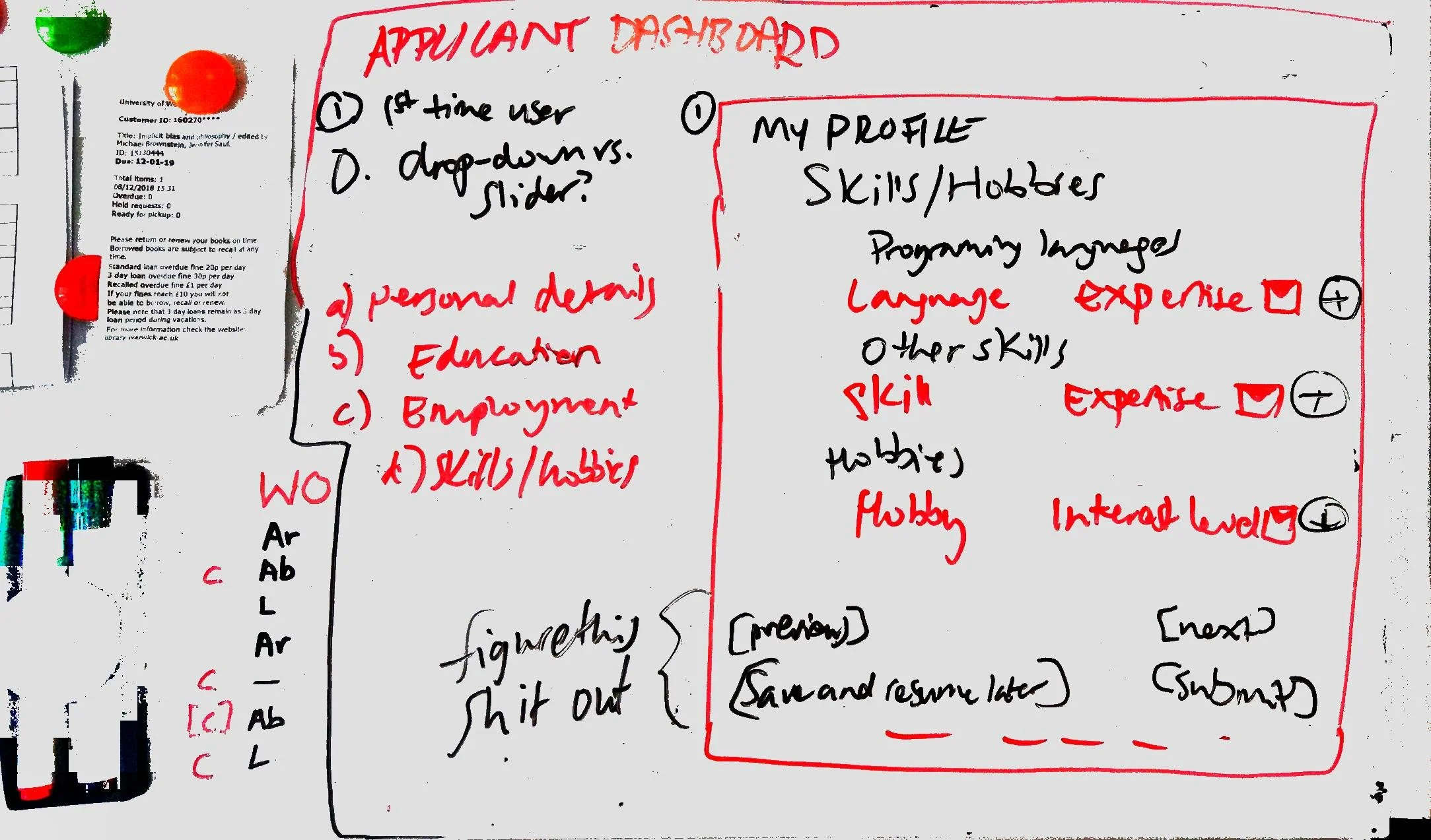 Whiteboard sketch of applicant "my profile" skills/hobbies section