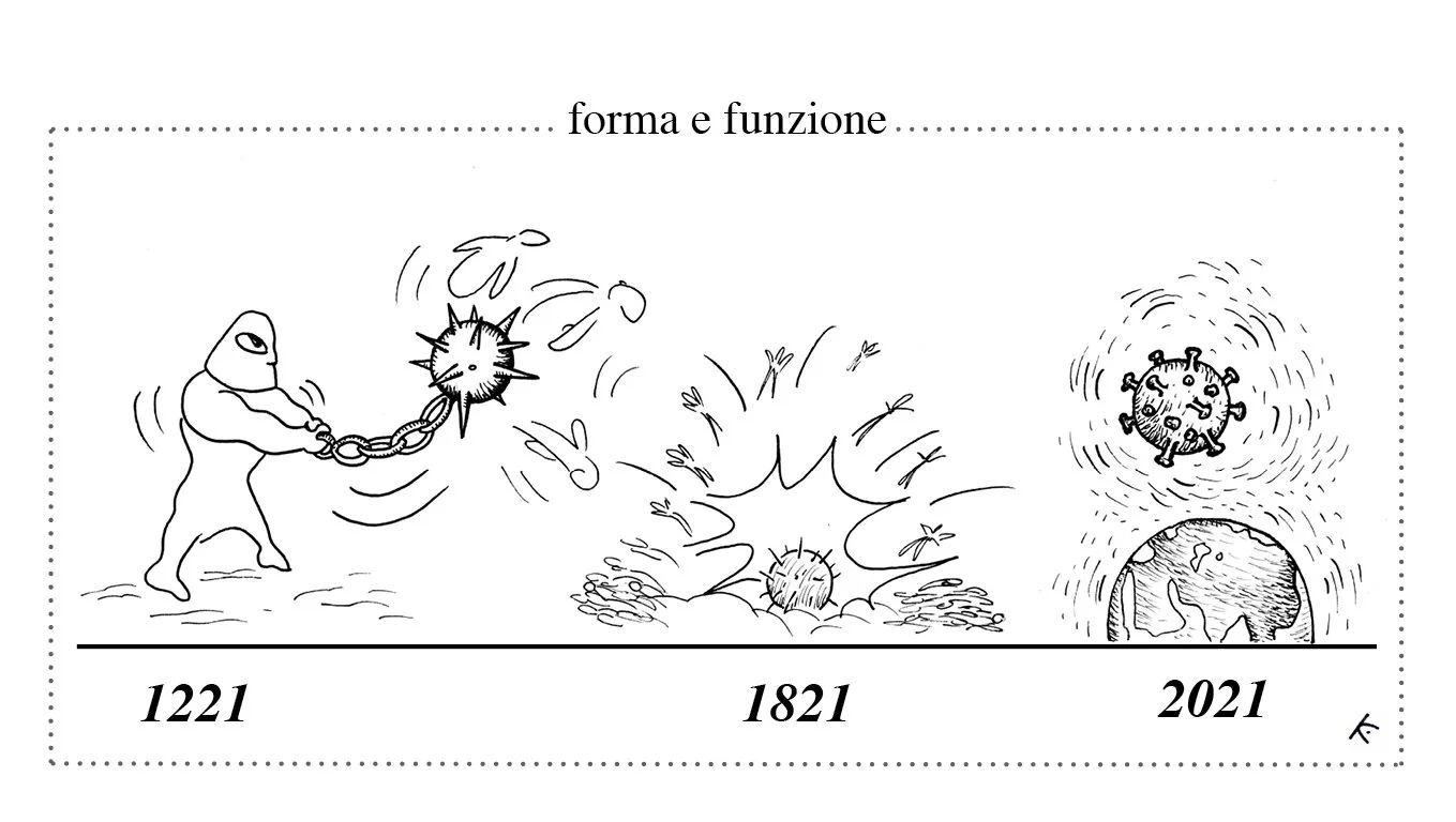 Forma e funzione. Una forma si ripete nei secoli nelle azioni di guerra. In un modo o nell'altro è sempre l'uomo a maneggiarla, o ultimamante, a manipolarla.