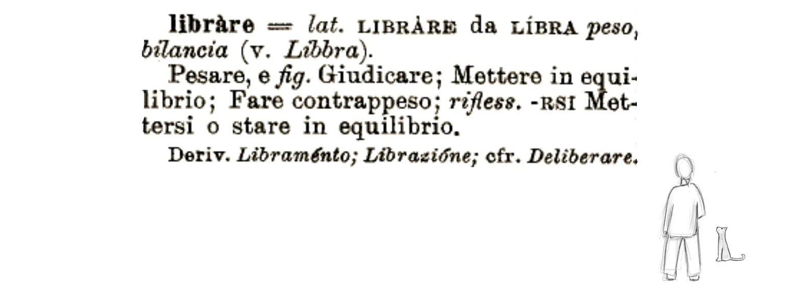 Testo con definizione di 'librare' e la sua origine, accompagnato da una semplice illustrazione di una persona e un gatto sul lato destro.