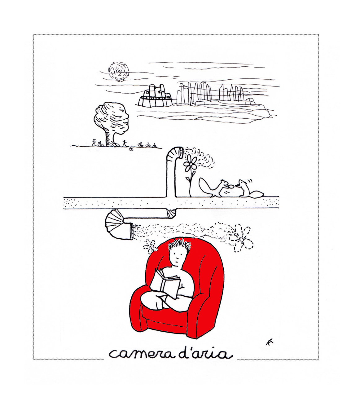 Illustrazione in bianco e nero con una sezione che mostra un uomo seduto su una grande poltrona rossa che legge un libro. Sopra, ci sono vari disegni rappresentanti un ambiente naturale e urbano, con un albero insieme a un'illustrazione di un sistema di tubature che rappresenta una camera d'aria sotterranea, con la scritta "camera d'aria" in basso.