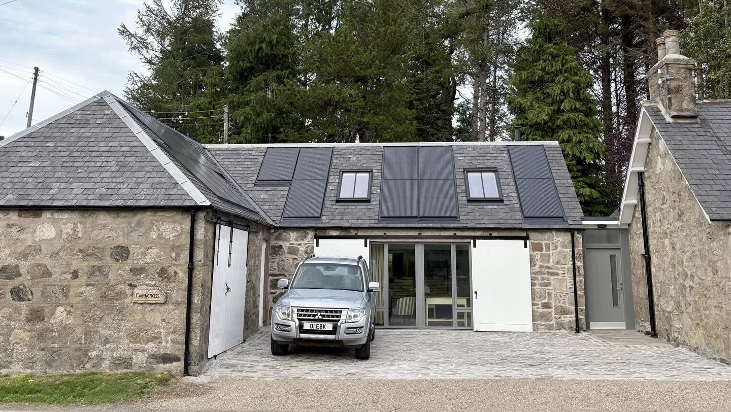 Breathing new life into old buildings.

Our recently completed conversion of a cartshed into additional family space for this rural retreat in scenic Glen Esk uses traditional lime pointing and stone cobbles, while incorporating new rooflights, solar