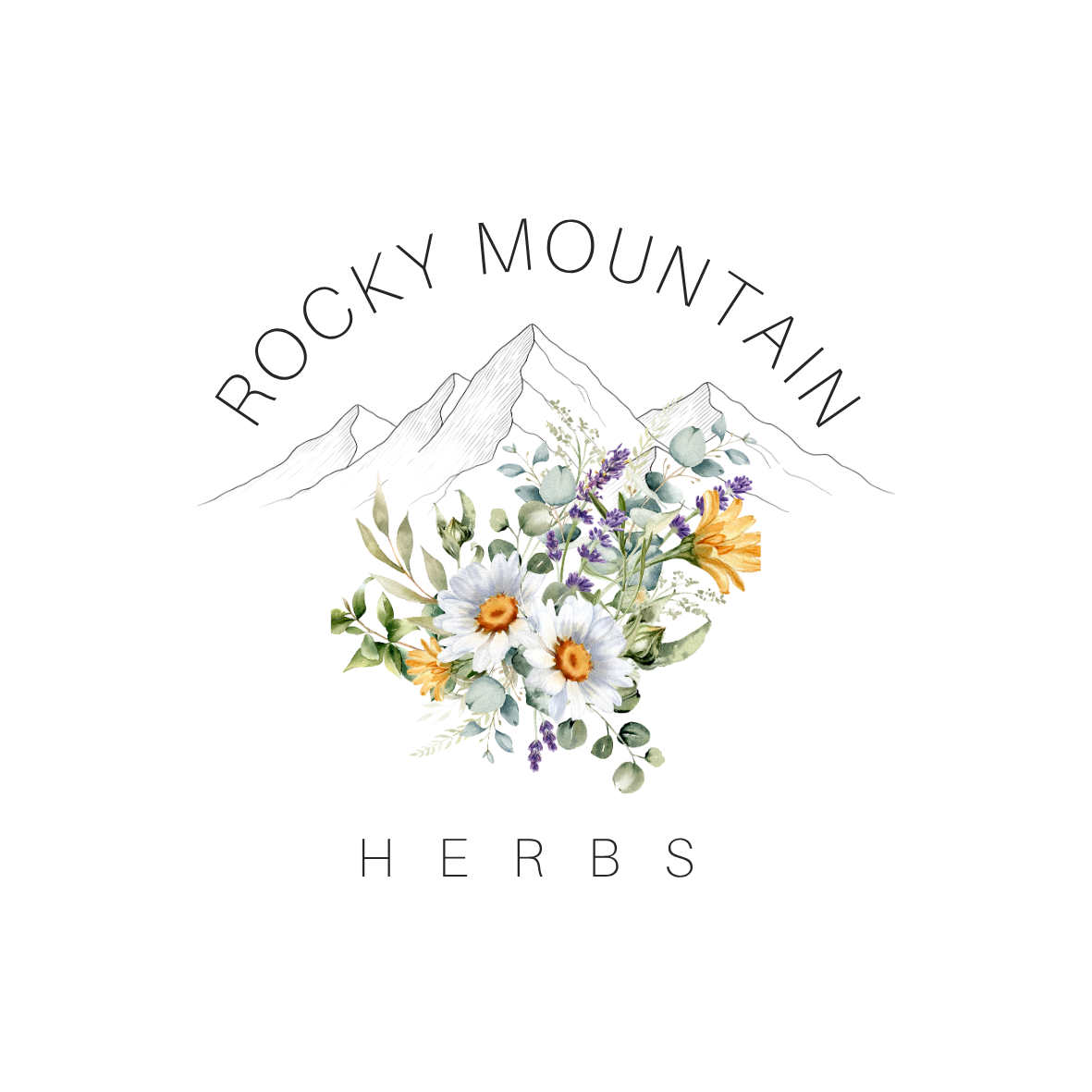 An illustration of snow-capped mountains with a bouquet of white, purple, and yellow flowers in front