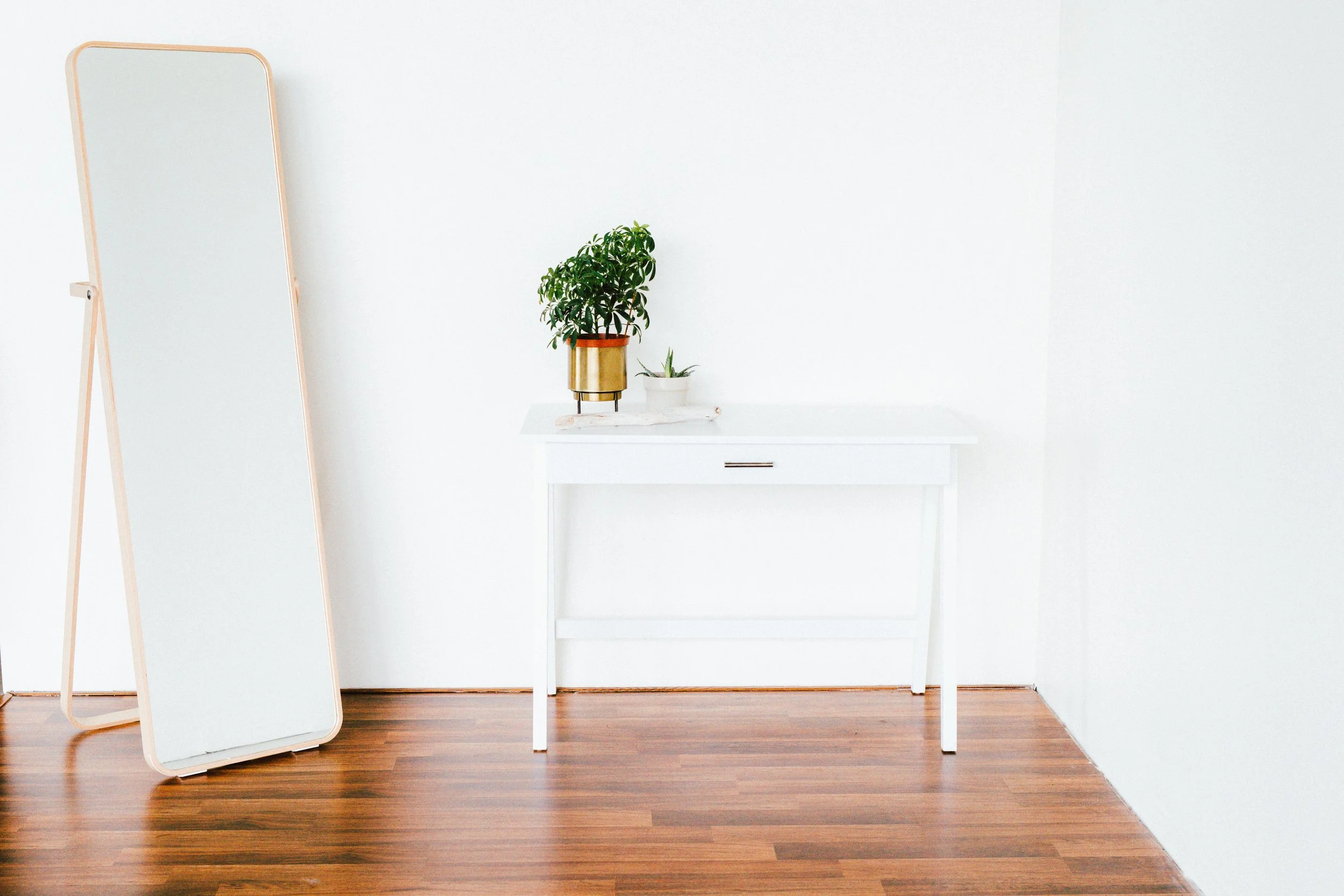 A house plant on a desk and a mirror next to it.