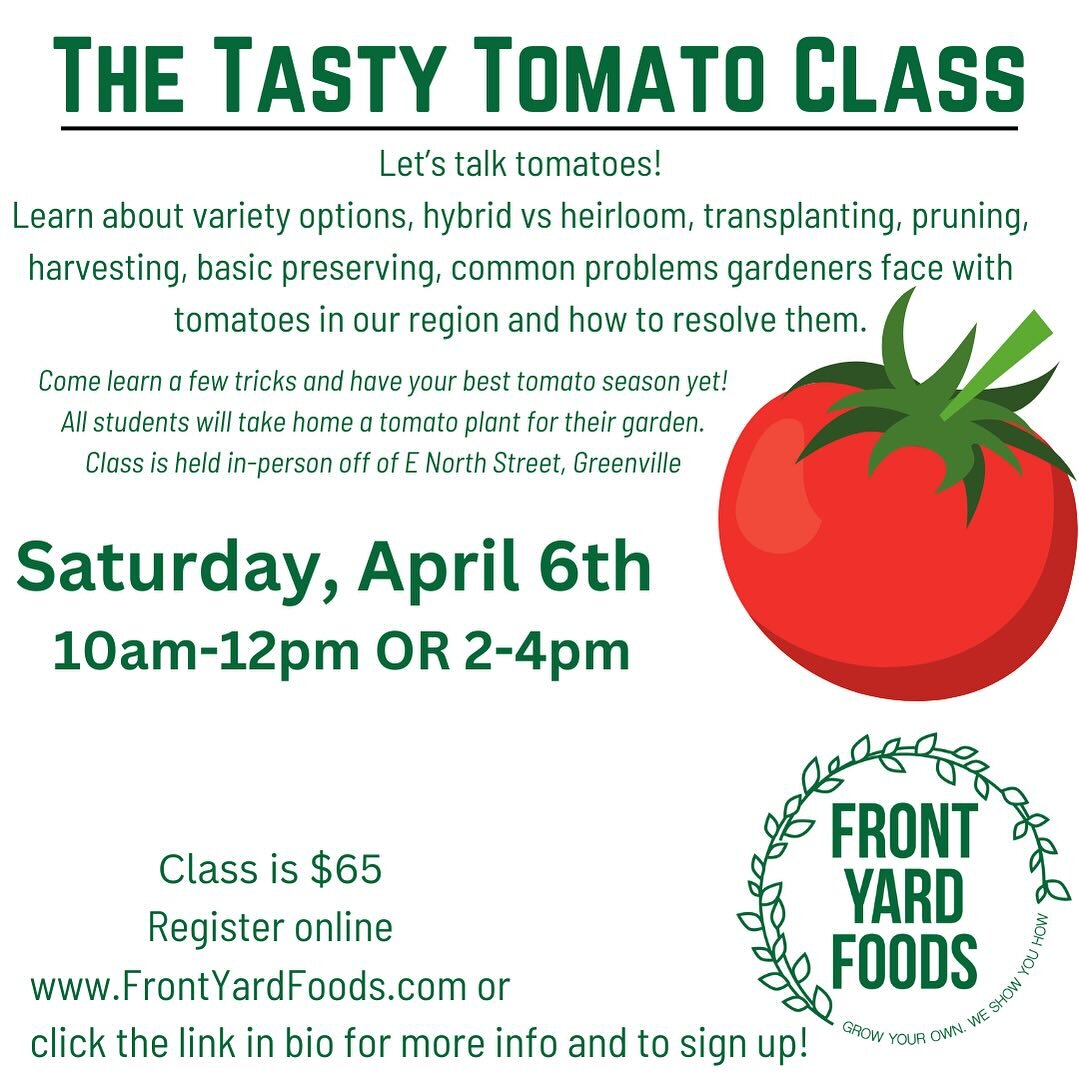 There are still some spots left in this fun class! Sign up today at www.Frontyardfoods.com or click the link in the bio @frontyard_foods 

#tomato #growyourownweshowyouhow #frontyardfoods #urbanfarming #growyourownveggies
