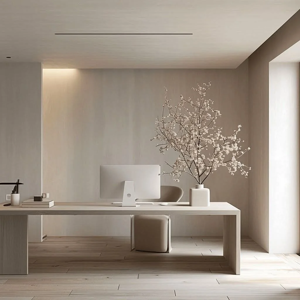 A minimalist office space with a white desk, computer, vase with cherry blossoms, and a chair in front of a window.
