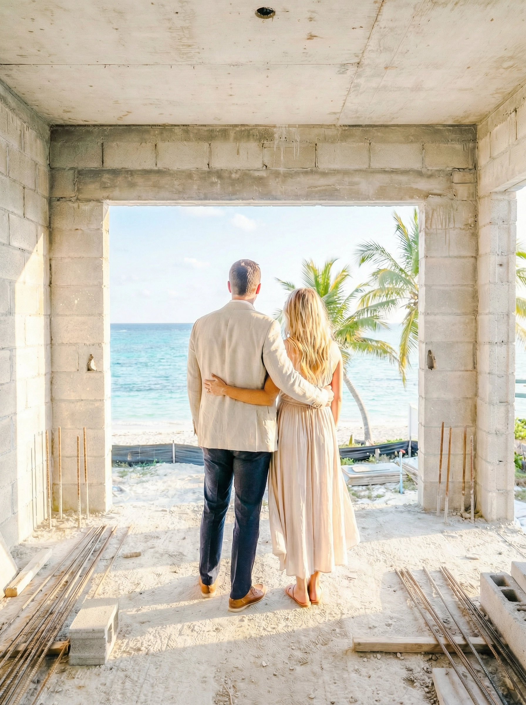A couple in wedding attire standing in a partially constructed building, looking out at the beach with palm trees and ocean in the background.