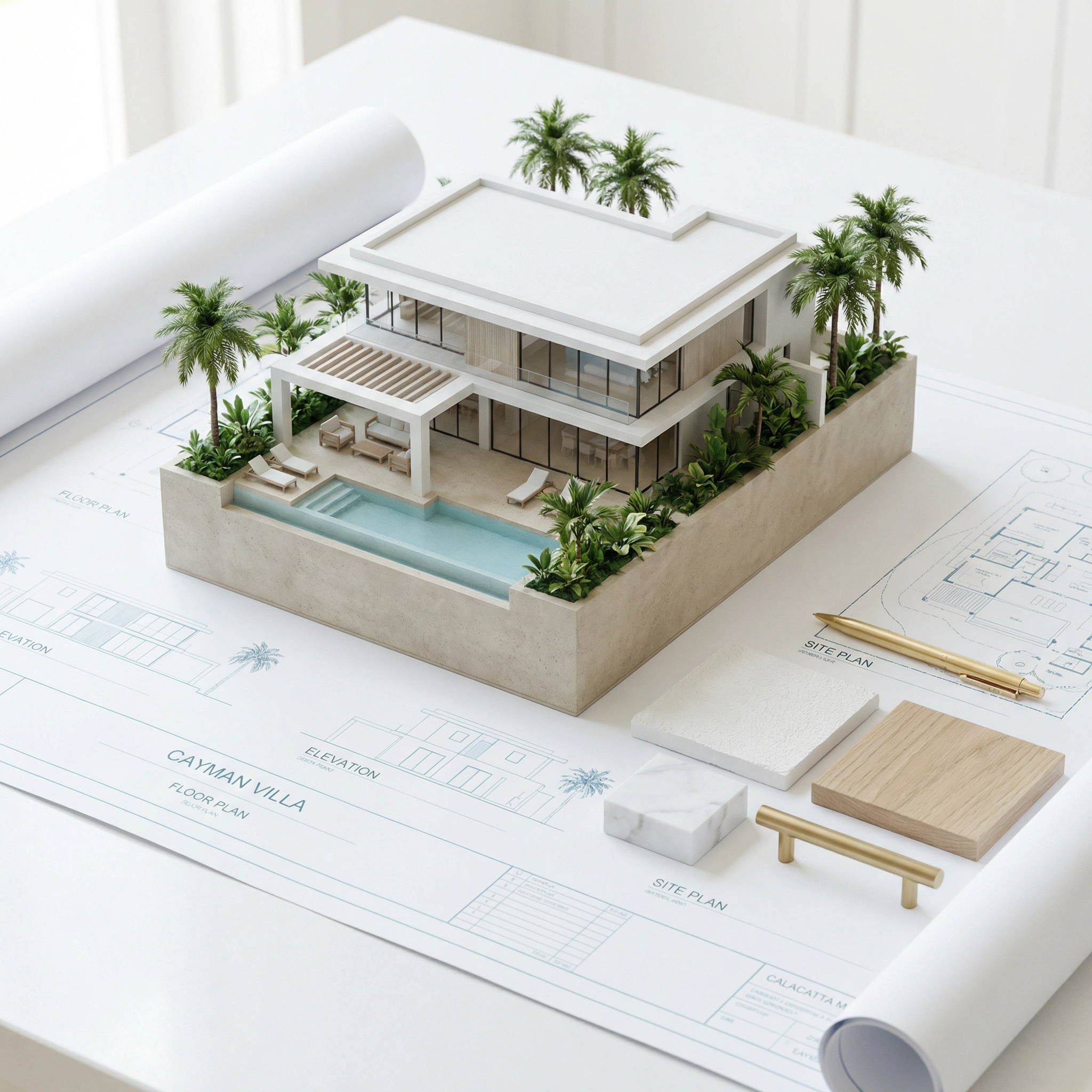 Architectural scale model of a modern house with pool, surrounded by palm trees, on top of blueprints and design plans.
