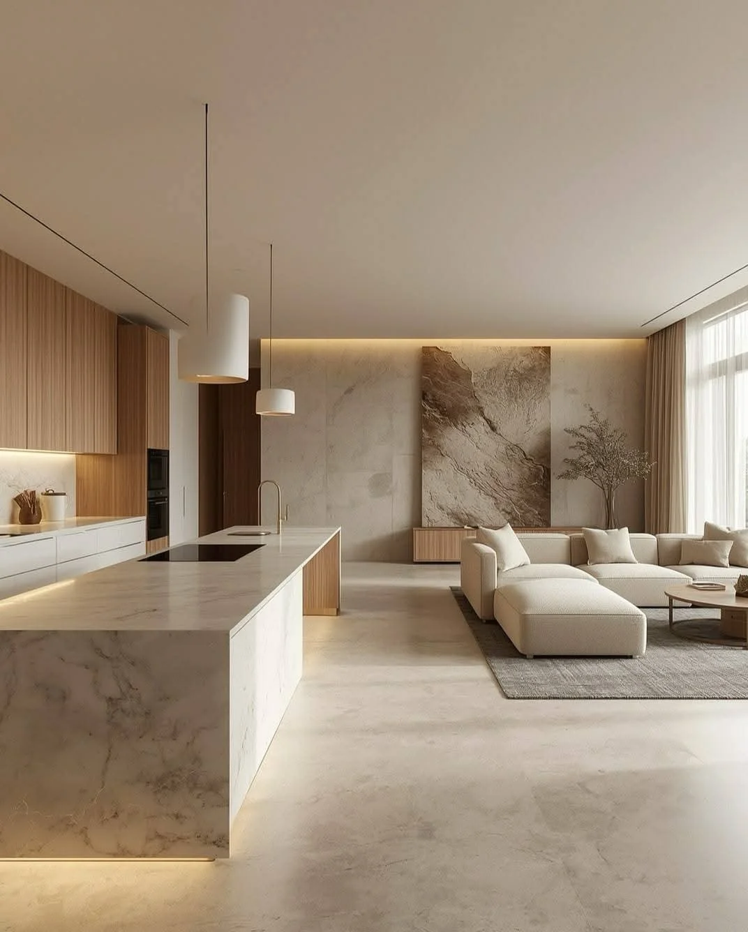 Modern open-concept living room and kitchen with neutral tones, marble countertops, wooden accents, a large sectional sofa, and minimal decor.