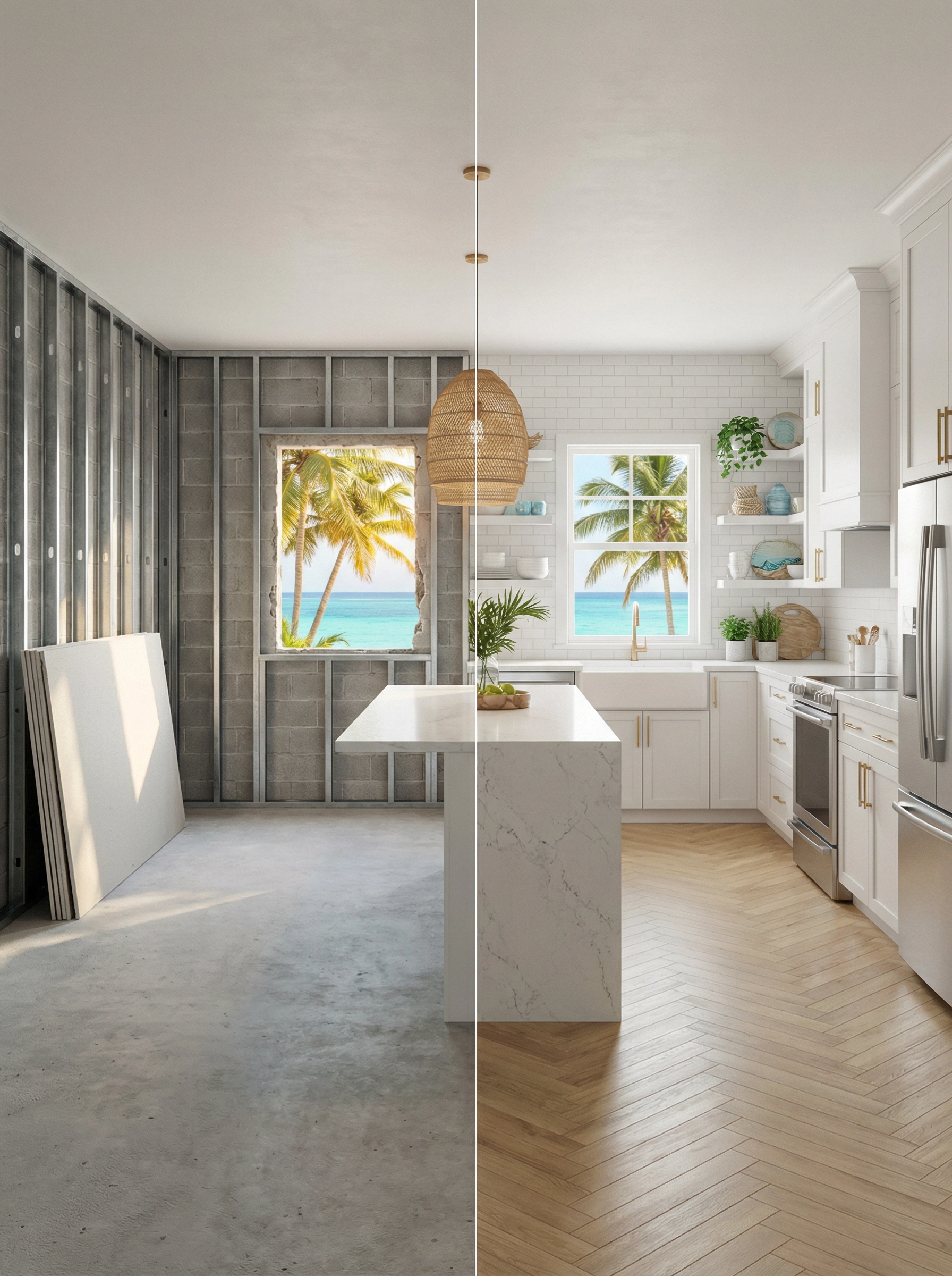 Split view of two kitchens: the left side shows an unfinished, under-construction kitchen with concrete floor, unpainted walls, and a window with palm trees outside; the right side shows a finished, modern, white kitchen with wood flooring, built-in shelves, and a window with palm trees outside.