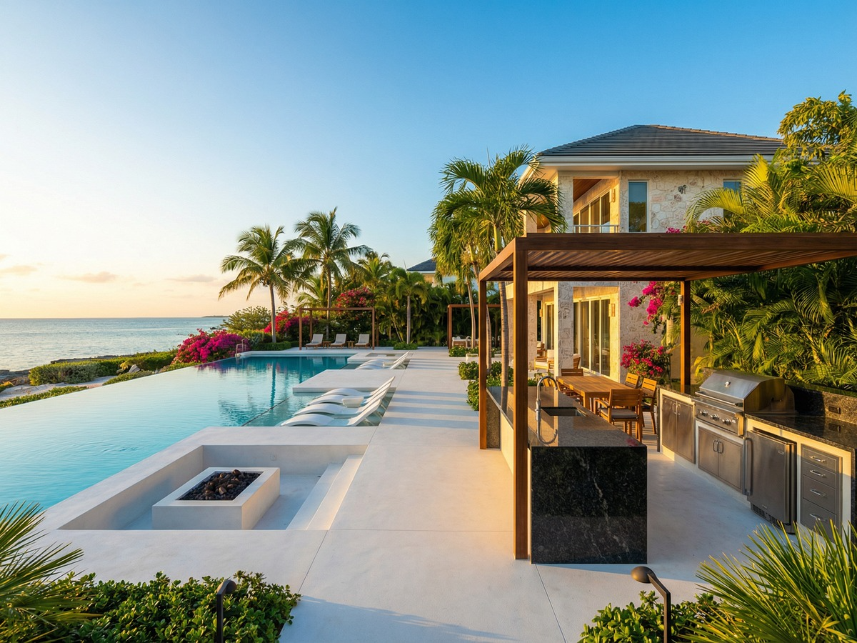 Luxury beachfront house with an infinity pool surrounded by palm trees, pink flowers, and outdoor seating, overlooking the ocean at sunset.